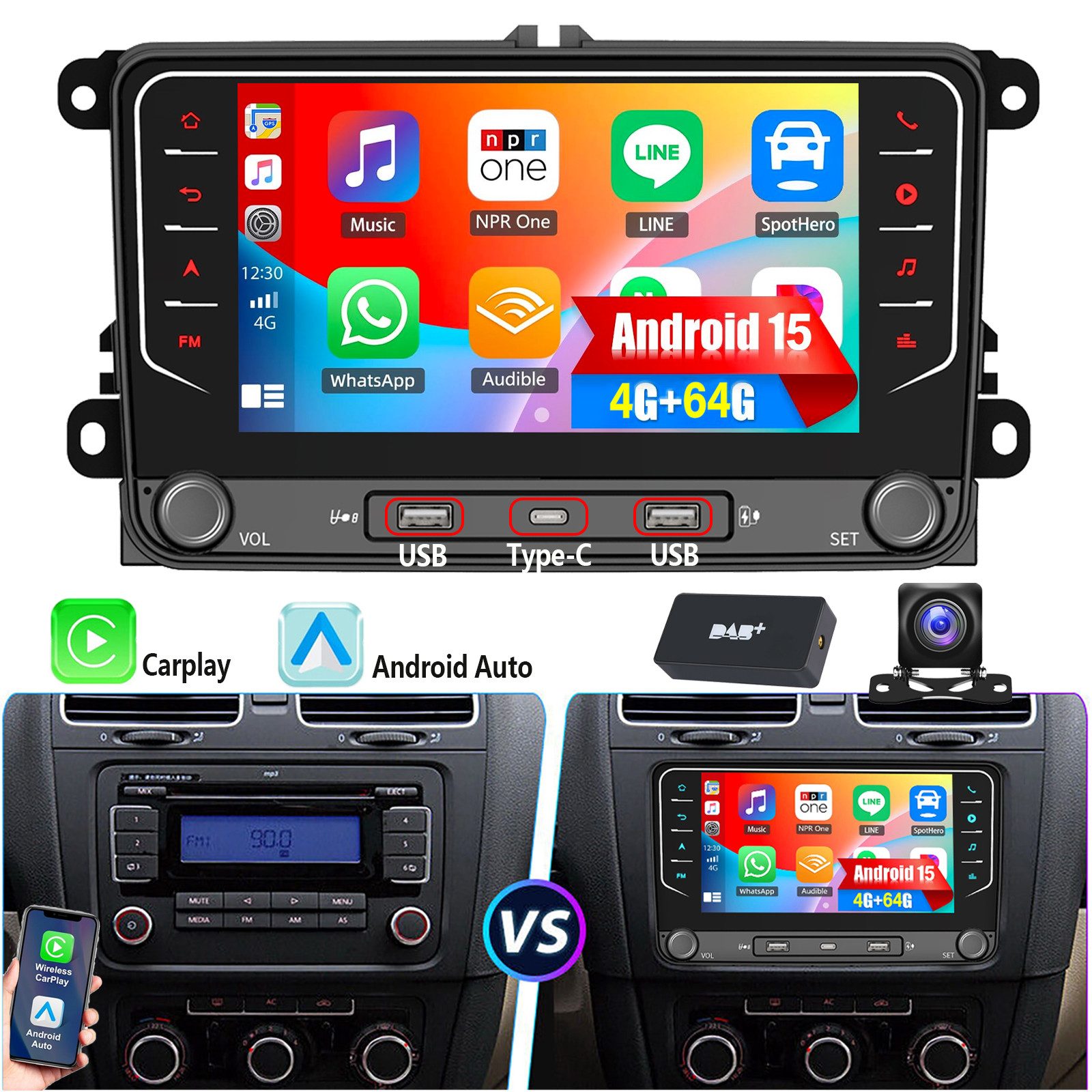 ESSGOO Android 15 Für VW GOLF 5 6 Touran EOS Tiguan Polo 6R Passat Caddy 2DIN Autoradio (RDS, 2DIN, 4+64G(optional), DAB (optional), FM, DAB+ (optional), Carplay Android Auto DAB (optional), RDS, FM, 4+64GB, SWC, GPS NAVI)