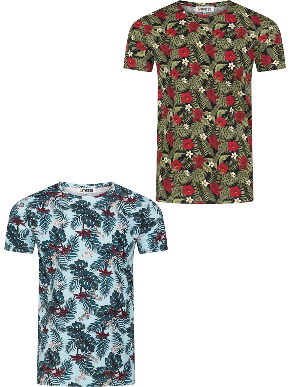 riverso T-Shirt Herren Printshirt RIVBill Regular Fit (2-tlg) Kurzarm Hawaiishirt mit Rundhalsausschnitt aus 100% Baumwolle Farbmix 2
