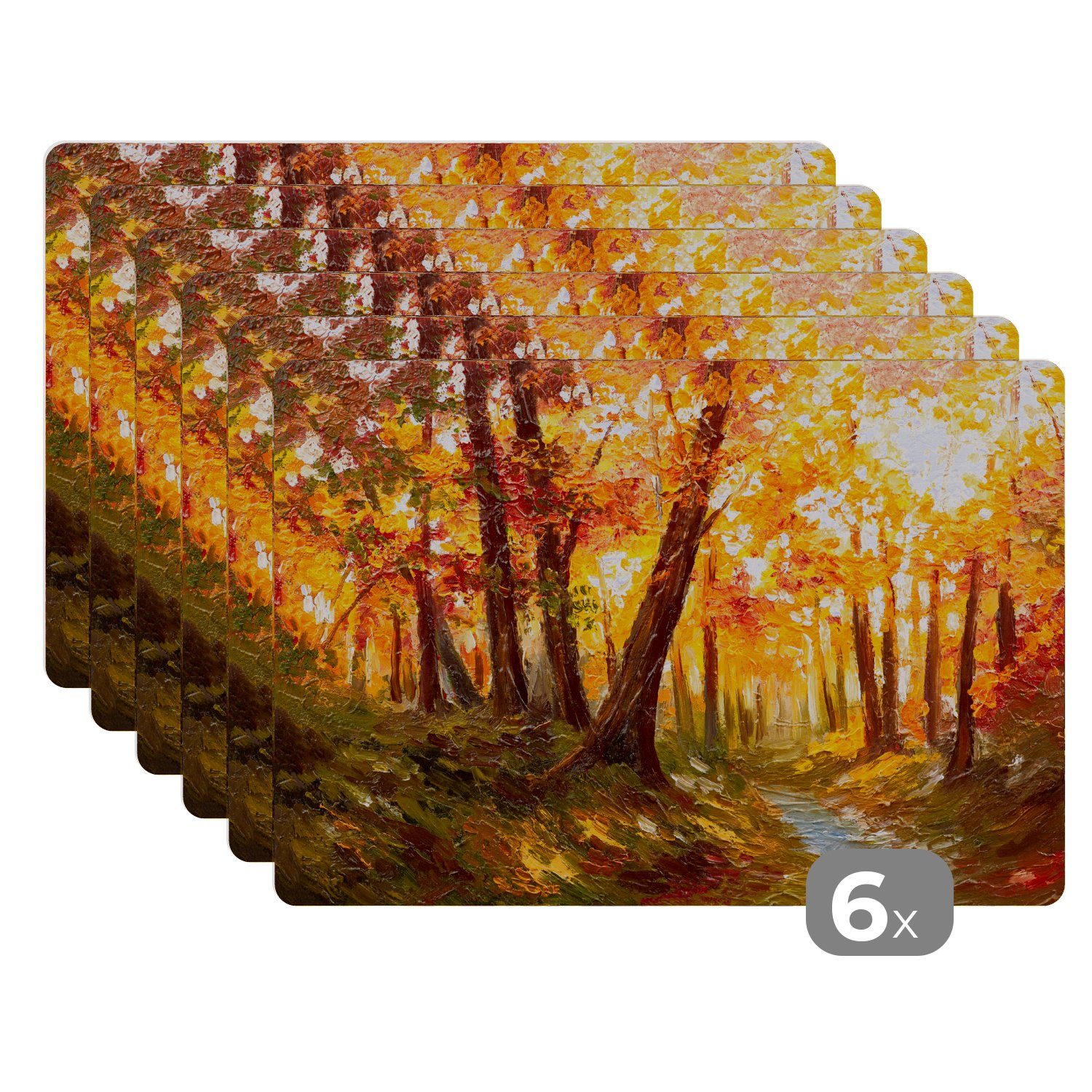 Platzset, Gemälde - Herbst - - Ölgemälde, Platzdecken, Wald (6-St), MuchoWow, Tischmatten, Schmutzabweisend Platzmatte, Platzset