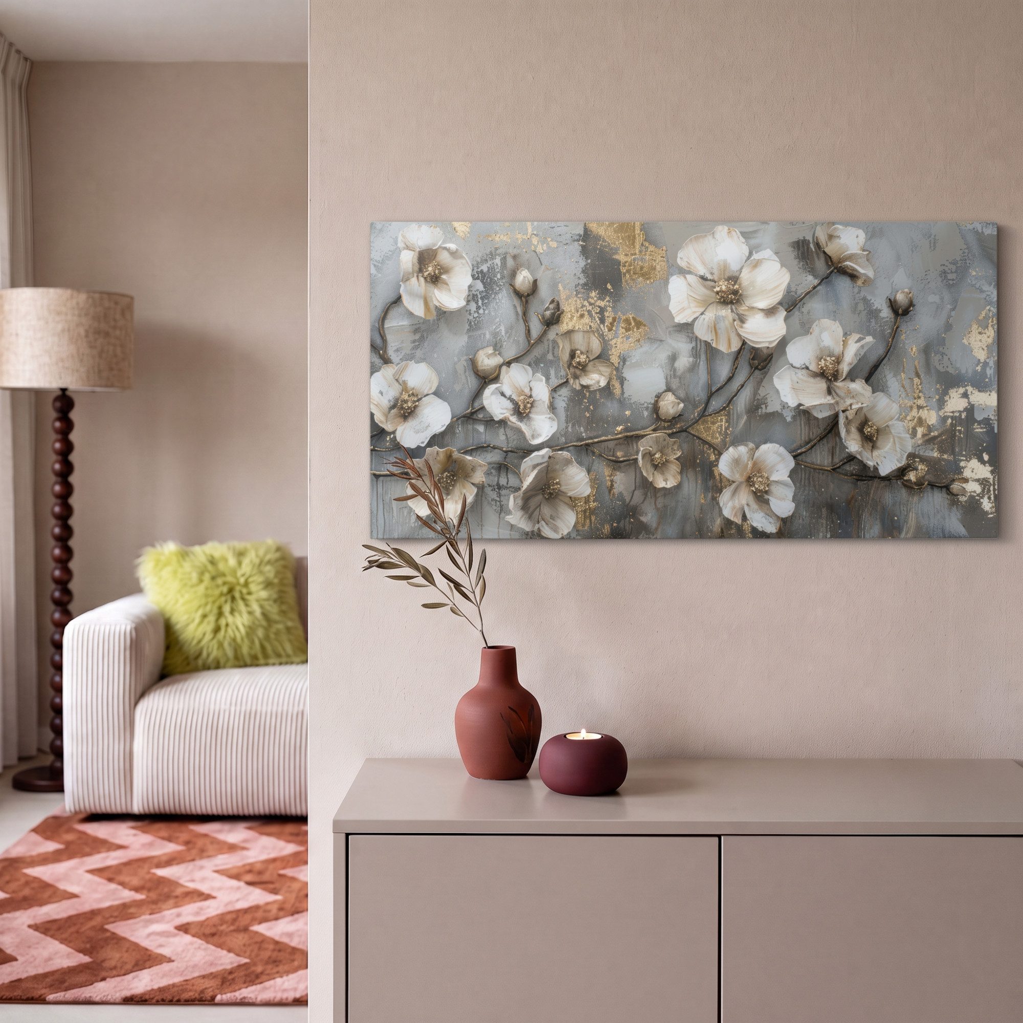 OneMillionCanvasses® Leinwandbild Panorama Blumen - Weiß - Grau - Gold - Luxus, Fotodruck (1 St), Wandbild, Deko Schlafzimmer Wohnzimmer Flur 40x20 cm – Bild 2 von 5