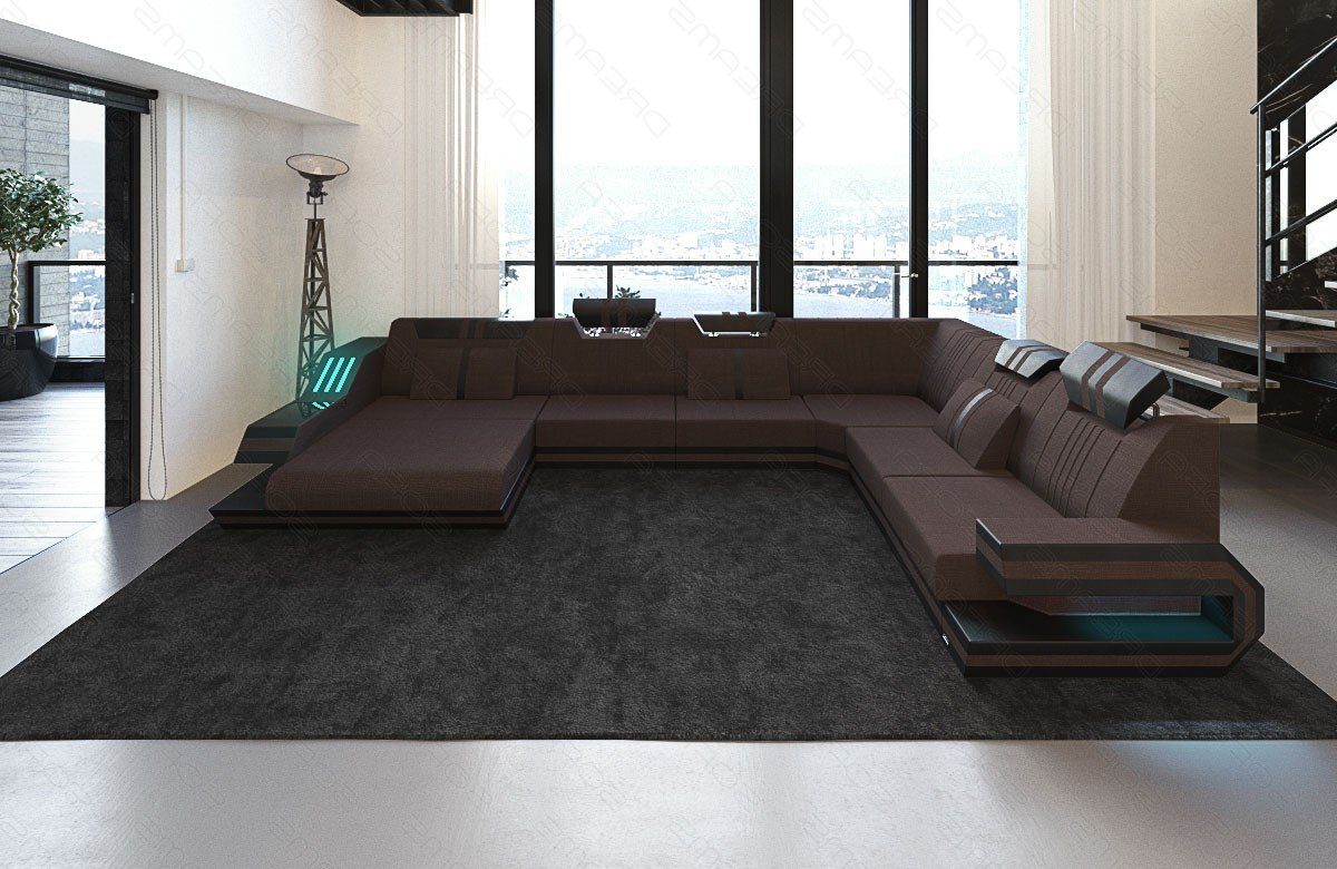 Sofa Dreams Wohnlandschaft Stoff Sofa Couch XXL Stoffsofa, Bettfunktion mit wahlweise Ravenna graubraun-schwarz H Strukturstoff Polster
