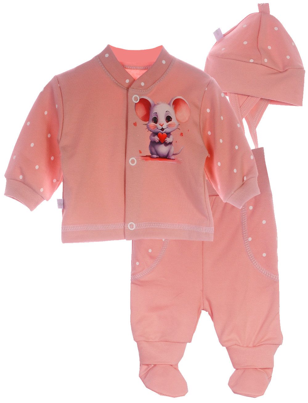 Langarmshirt & Hose Baby Anzug Hemdchen Schlupfhose Mütze Set mit Maus