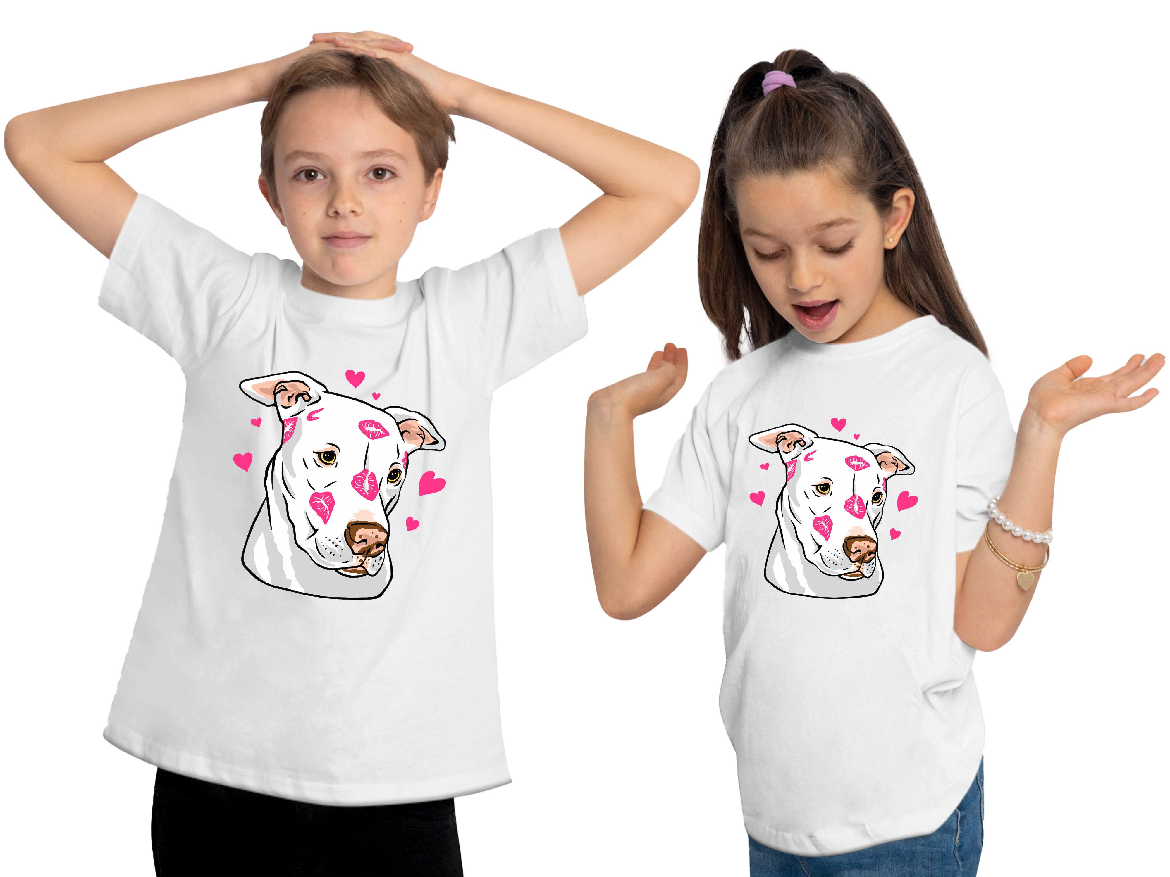 MyDesign24 Print-Shirt mit bedrucktes Pitbull Baumwollshirt weiss Hunde i229 T-Shirt Kinder Aufdruck, - mit Herzen