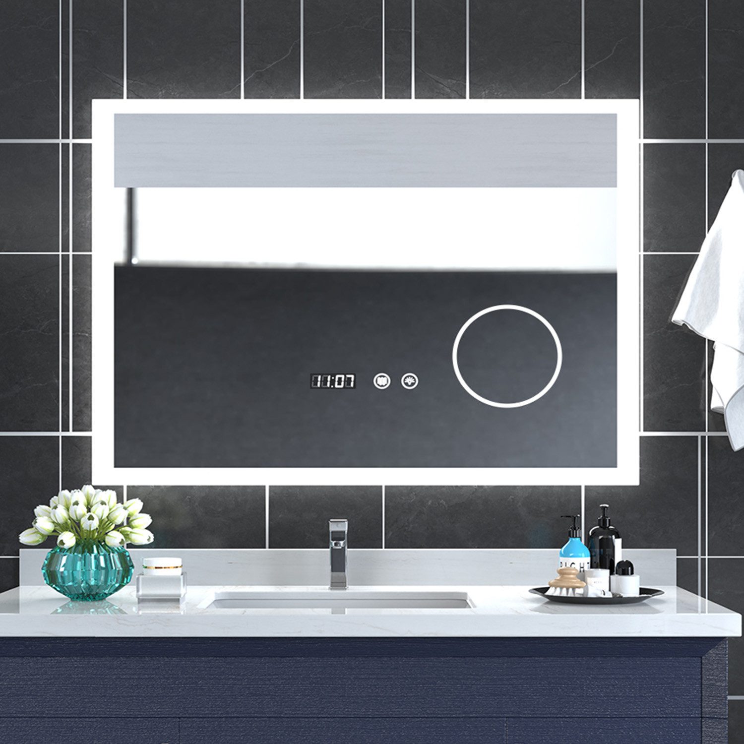 oyajia Badspiegel mit Beleuchtung LED Wandspiegel Antibeschlag Badspiegel 3X Spiegel, 3 Lichtfarben Dimmbare mit Touch-Steuerung, IP44, Memory Funktion, Uhr