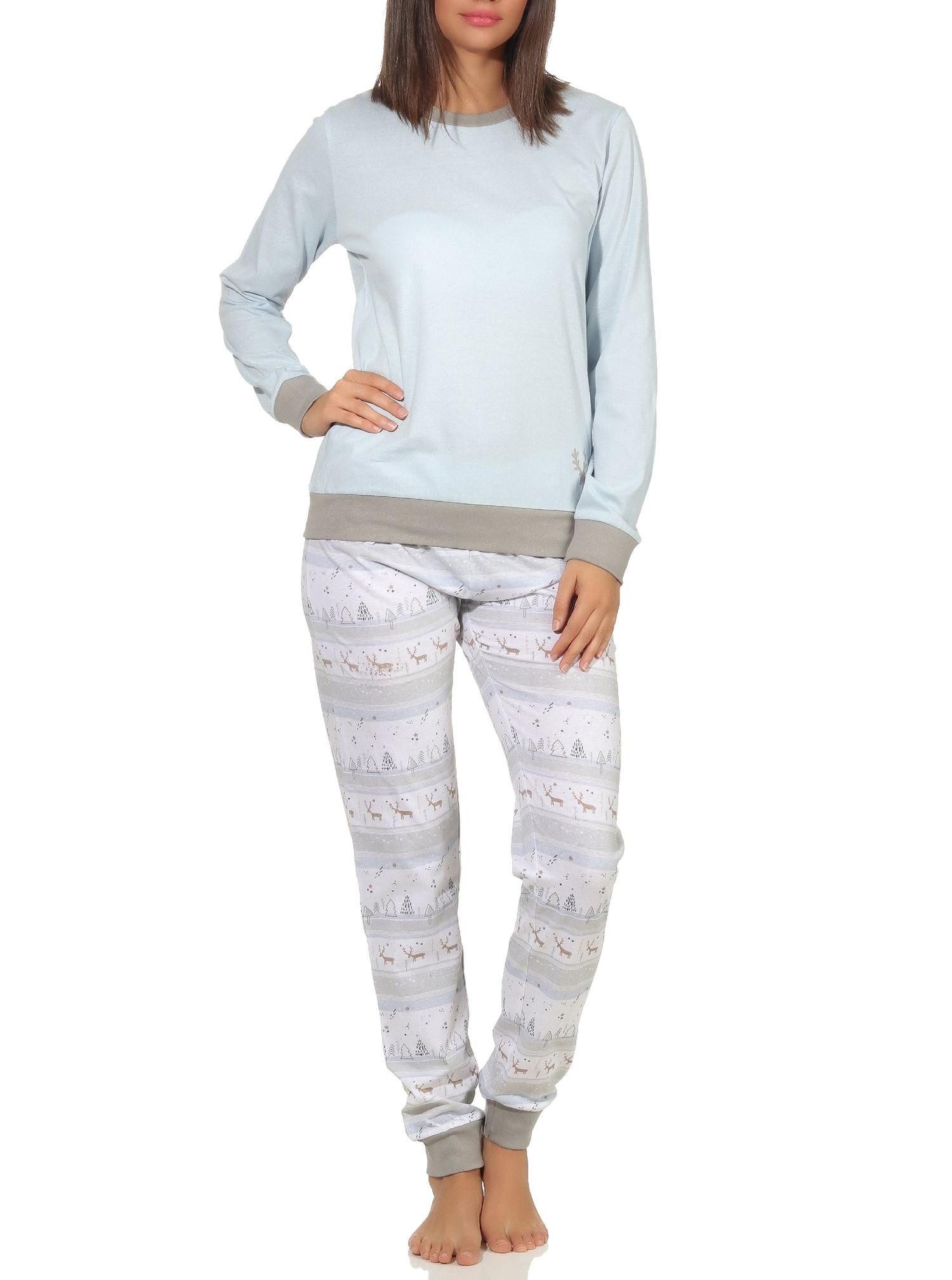 Pyjama Damen Schlafanzug mit Renntiermotiv langarm mit Weihnachtsmotiv