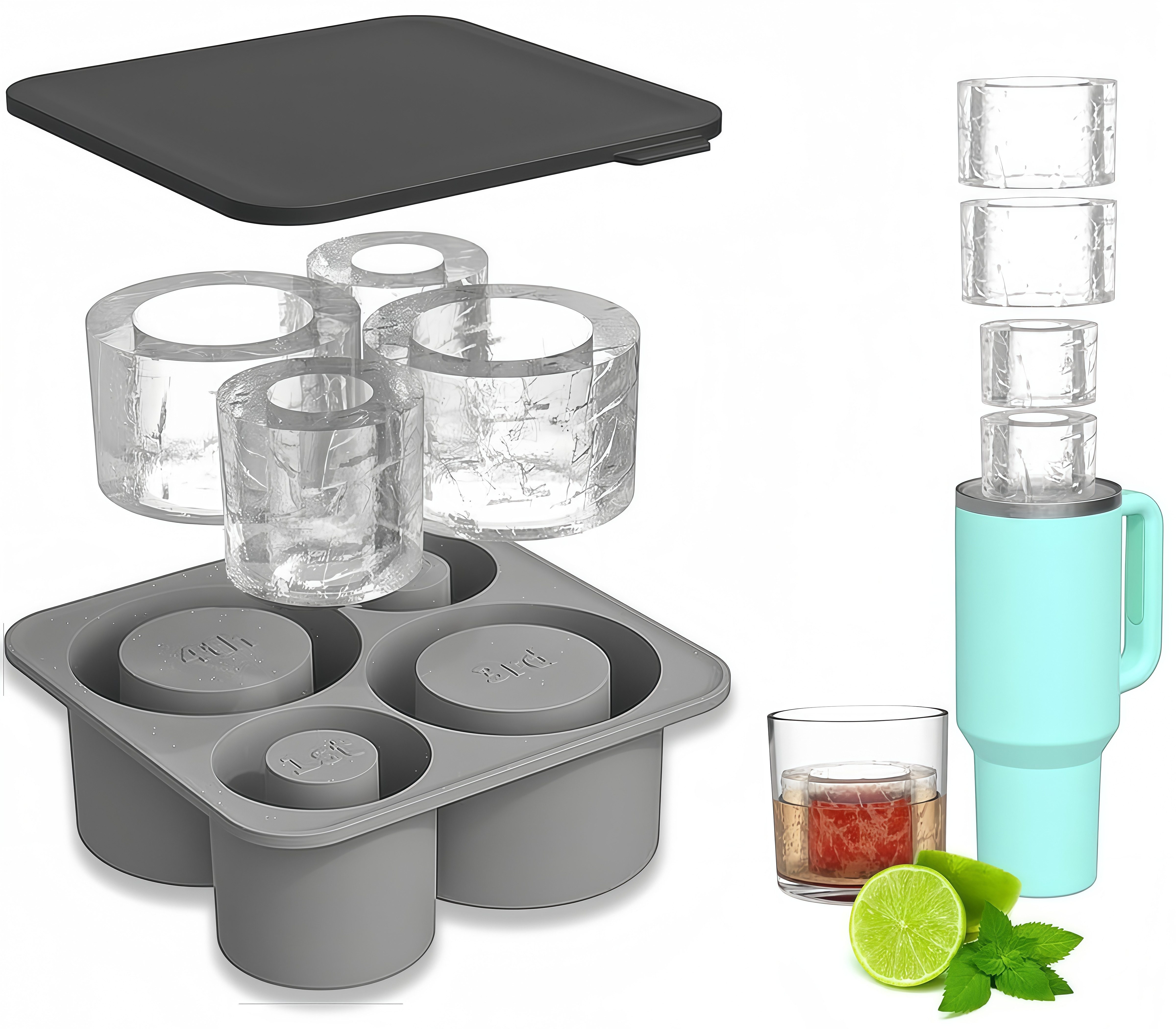 FOUORTUNATE-BEE Silikonform Silikon-Eiswürfelform mit Deckel – 4 große Zylinder-Eiswürfel, Eiswürfelbehälter aus Silikon für Cocktail, Getränk und Küche