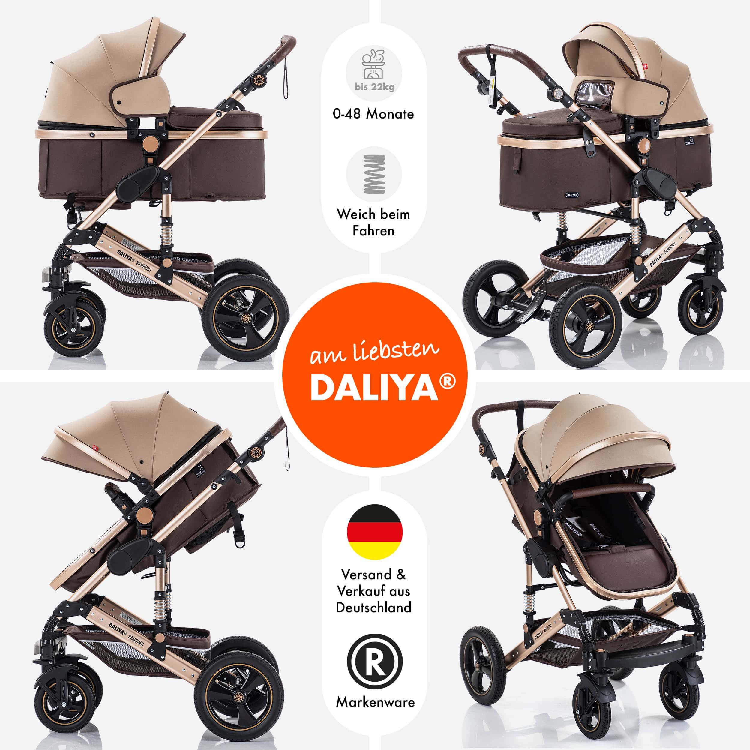 Daliya® Kombi-Kinderwagen BAMBIMO 2in1 Kinderwagen & Buggy, Babywanne und Sportsitz, Alu-Rahmen, (Grundausstattung für Babys, 9-tlg), Großer Einkaufskorb, Federung, weiche Matratze, Belüftungssystem