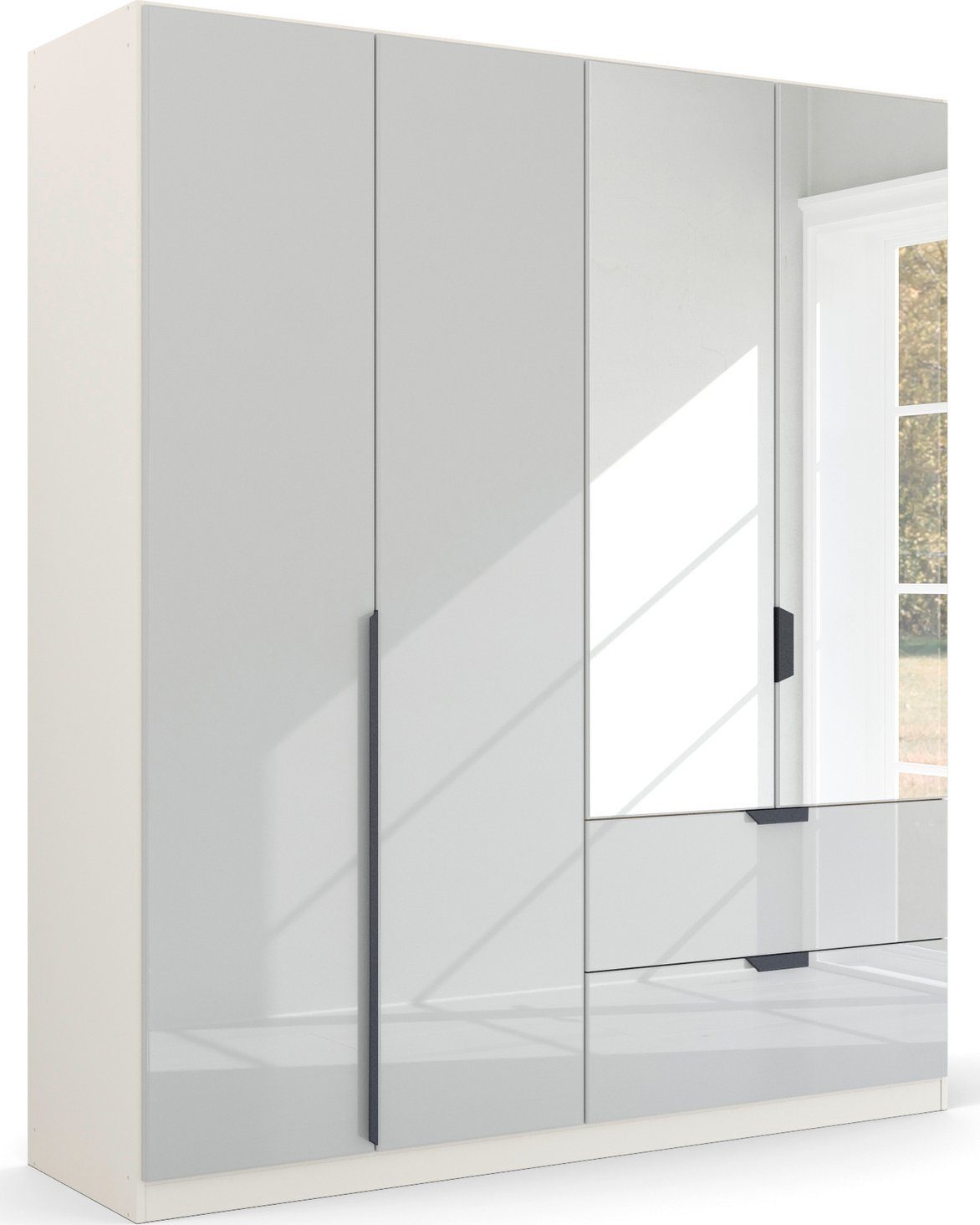 rauch Drehtürenschrank Kleiderschrank Schrank Garderobe Ankleide MODERN BY QUADRA SPIN (Breiten: 181/226/271 cm, Höhe 210 cm) mit Spiegel und hochwertiger Glasfront, Stangengriff MADE IN GERMANY