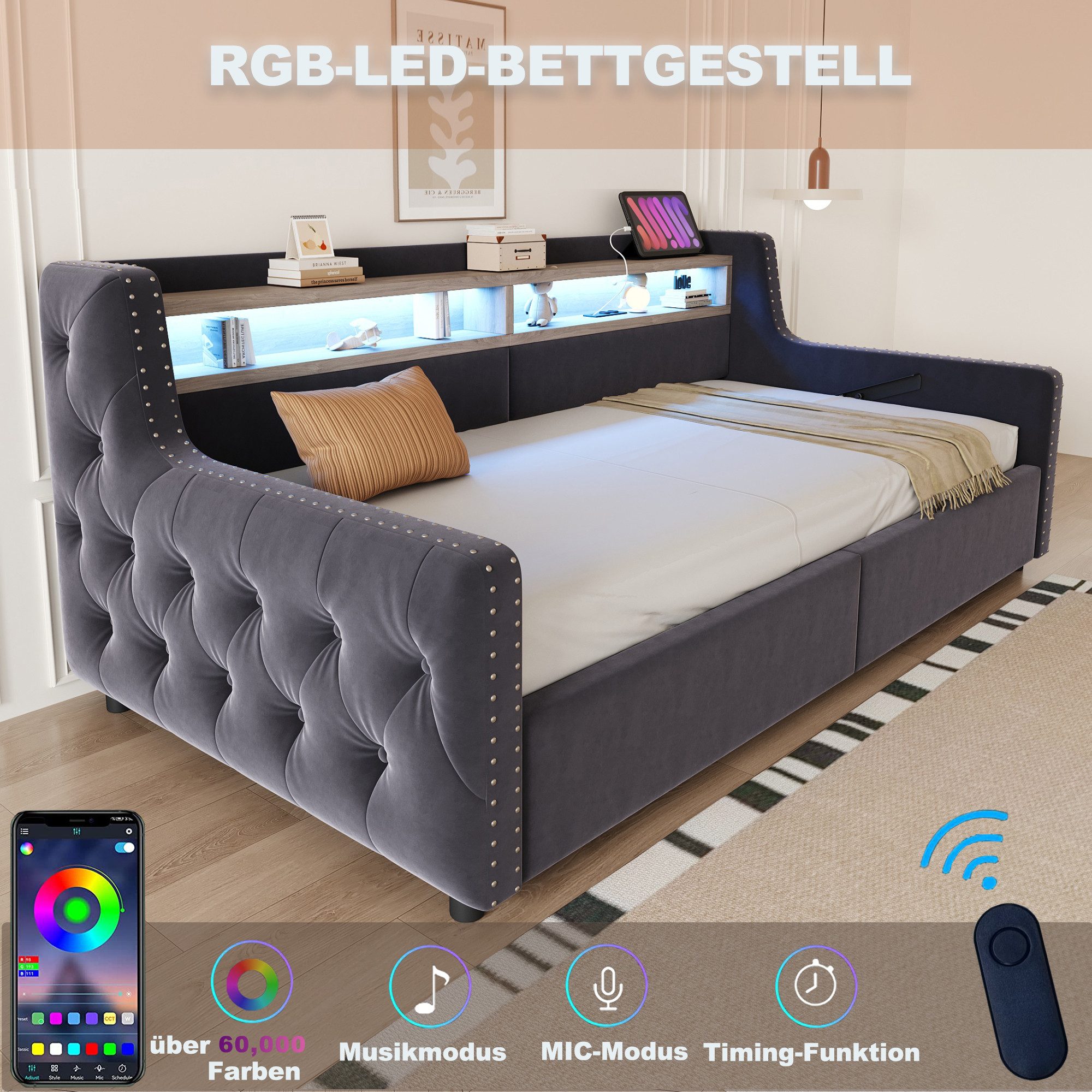 Merax Daybett 90x200cm mit LED-Lichtleiste, Steckdose & USB-Anschluss (Schlafsofa Sofabett Jugendbett Kinderbett Polsterbett, 1 tlg), Tagesbett mit hydraulische – Bild 5 von 5