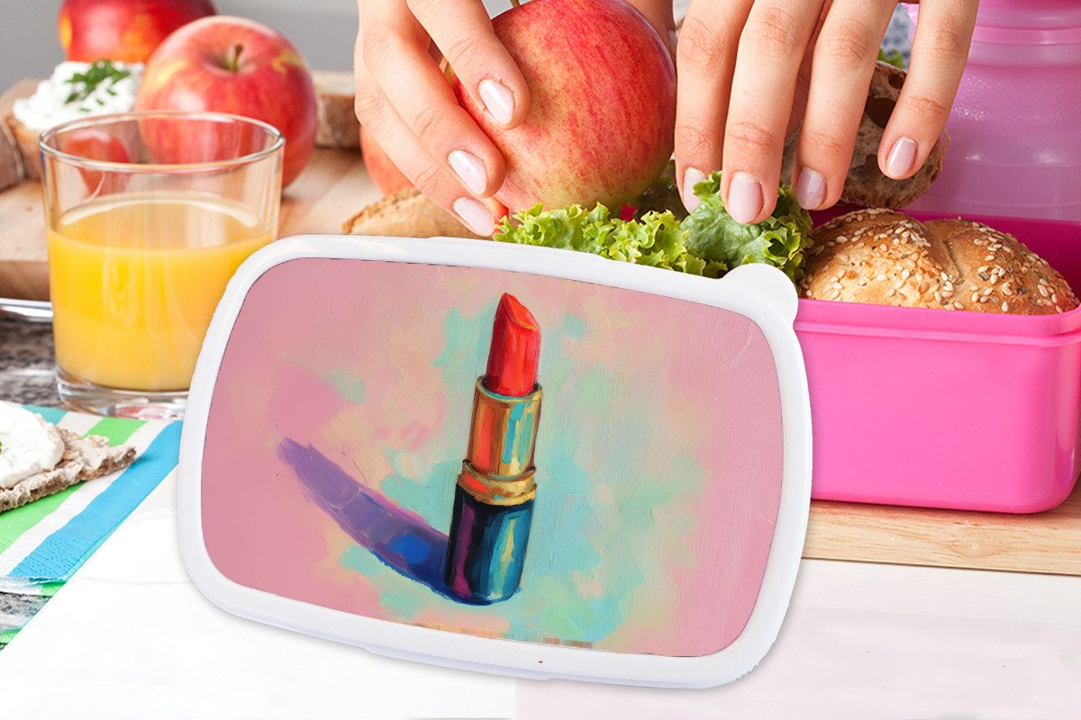 MuchoWow Lunchbox Lippenstift - Rot - Pinselstriche, Kunststoff, (2-tlg), Brotdosen, Lunch Box, Brotbox für Kinder und Erwachsene