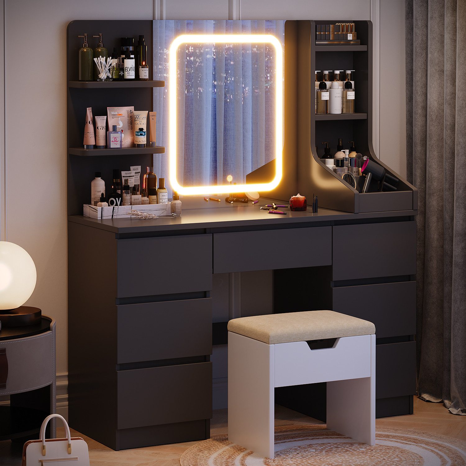 HOMALL Schminktisch Schminktisch mit Spiegel und LED Mit 7 Schubladen und 8 günstig online kaufen