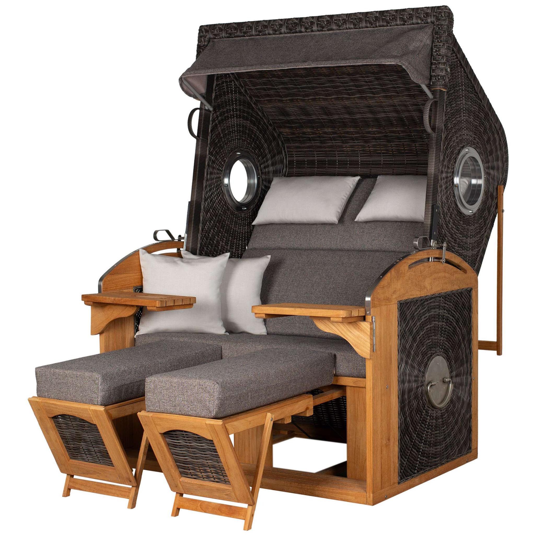 deVries PURE® Strandkorb deVries PURE® Sailor XL - PE stone grey - Dessin 252, BxTxH: 135x90x165 cm, Halblieger, Ostsee-Strandkorb, (Strandkorb-Komplettset, 2-tlg., Strandkorb mit bequemer Polsterausstattung und inkl. Schutzhülle), Windschutzfolie, Bullaugen, Kissenausstattung, Schutzhülle