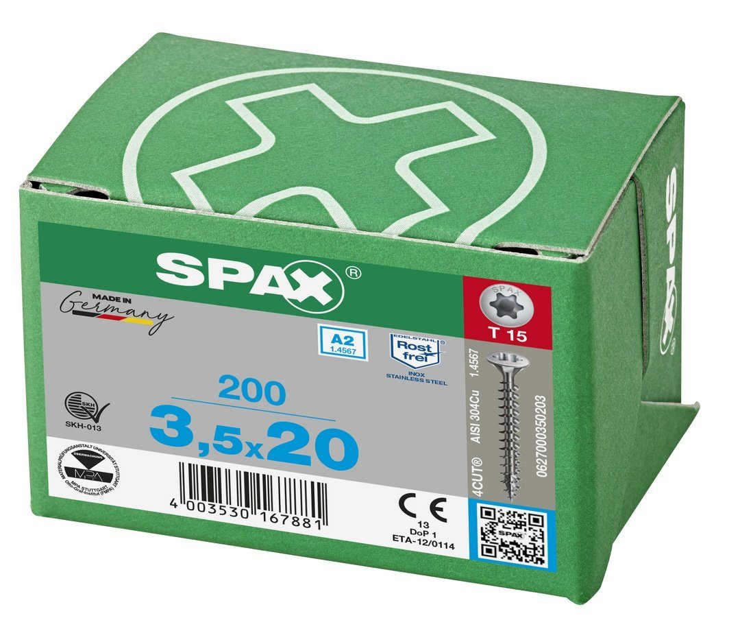 SPAX 3,5x20 Spanplattenschraube (Edelstahl mm A2, Edelstahlschraube, 200 St),