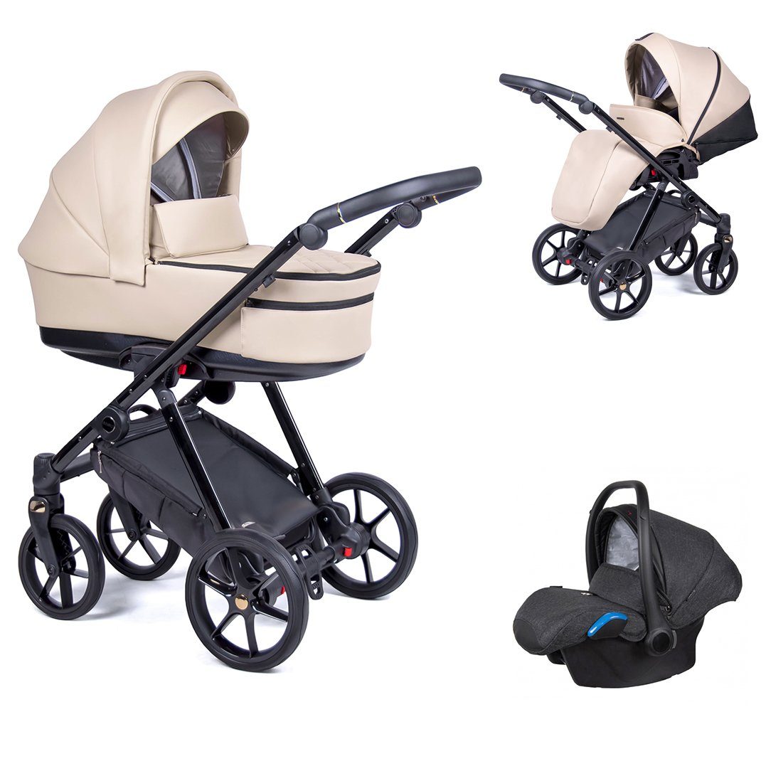 babies-on-wheels Kombi-Kinderwagen 3 in 1 Kinderwagen-Set Axxis Premium - 15 Teile - in 12 Designs Creme = Gestell schwarz