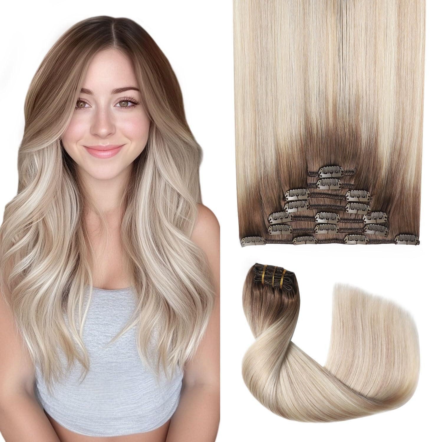 Echthaar-Extension Extensions Clip 35cm #8 60 18 Ombre Braun zu Aschblond mit Platinblond