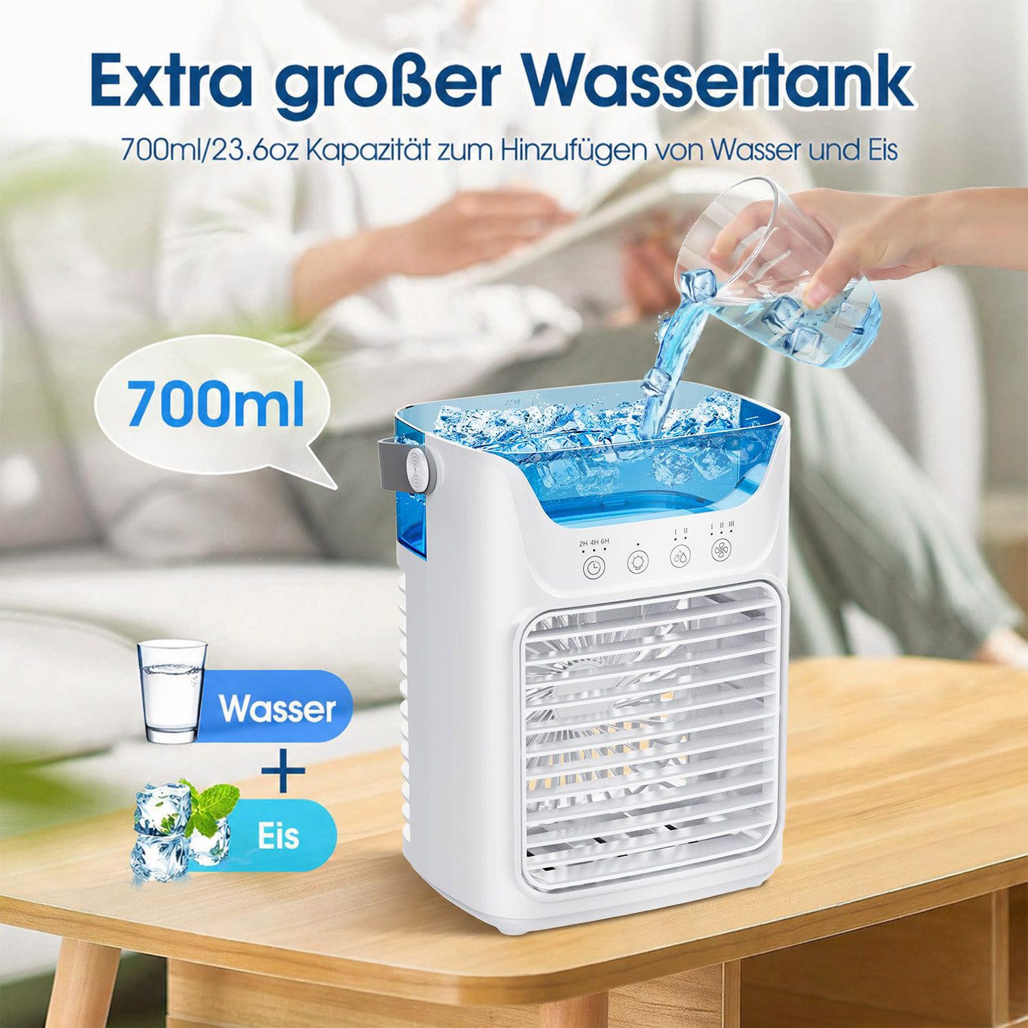 MOPUEA Ventilatorkombigerät Luftkühler Ventilator, 4-in-1-Kühlgebläse mit Sprühnebel, tragbar, Mini Klimaanlage 3 Stufen Timer 2–6h, LED-Licht, 7W, 700 ml Wassertank