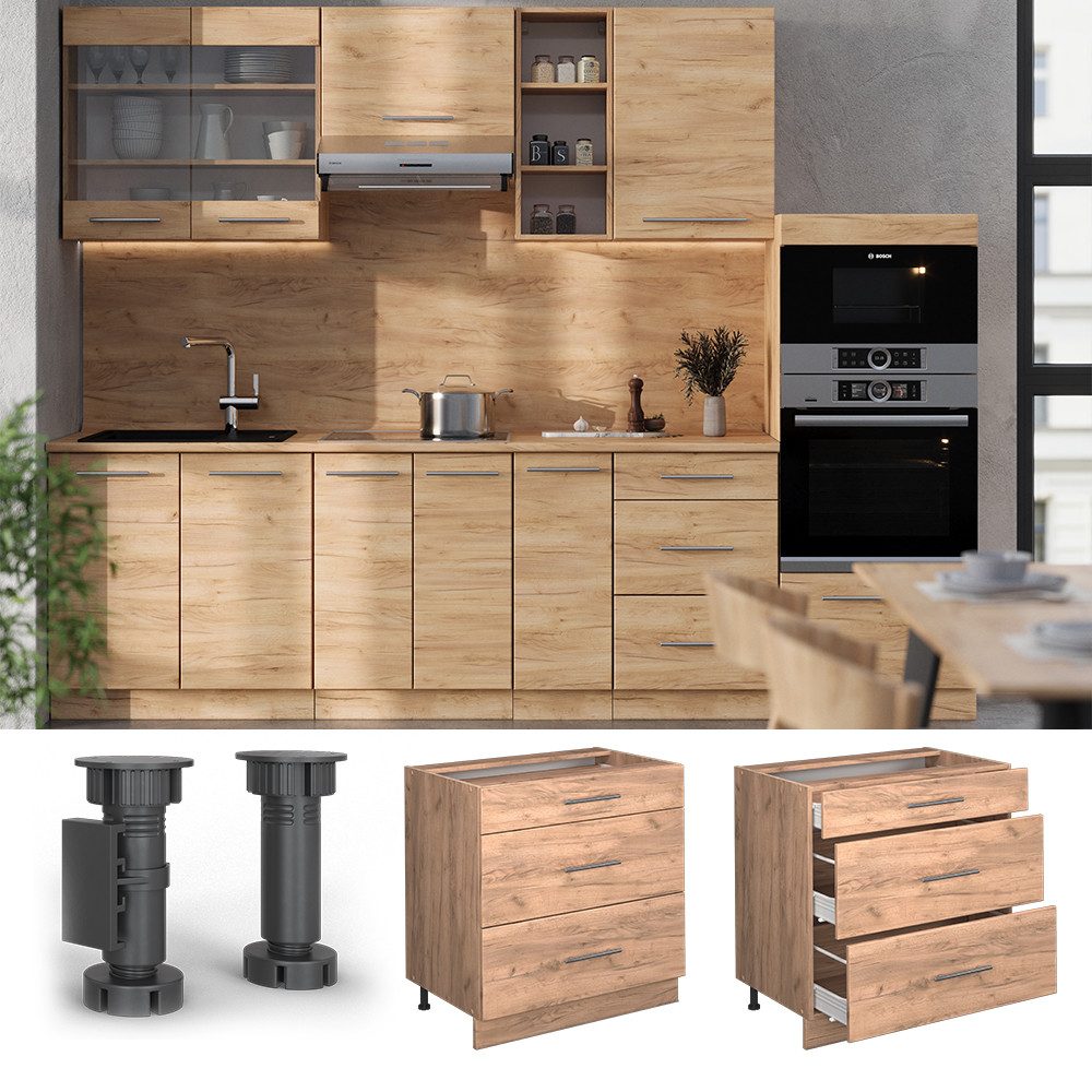 Vicco Unterschrank Fame-Line, Goldkraft Eiche/Goldkraft Eiche, 80 cm mit 3 Schubladen,... (1-St)
