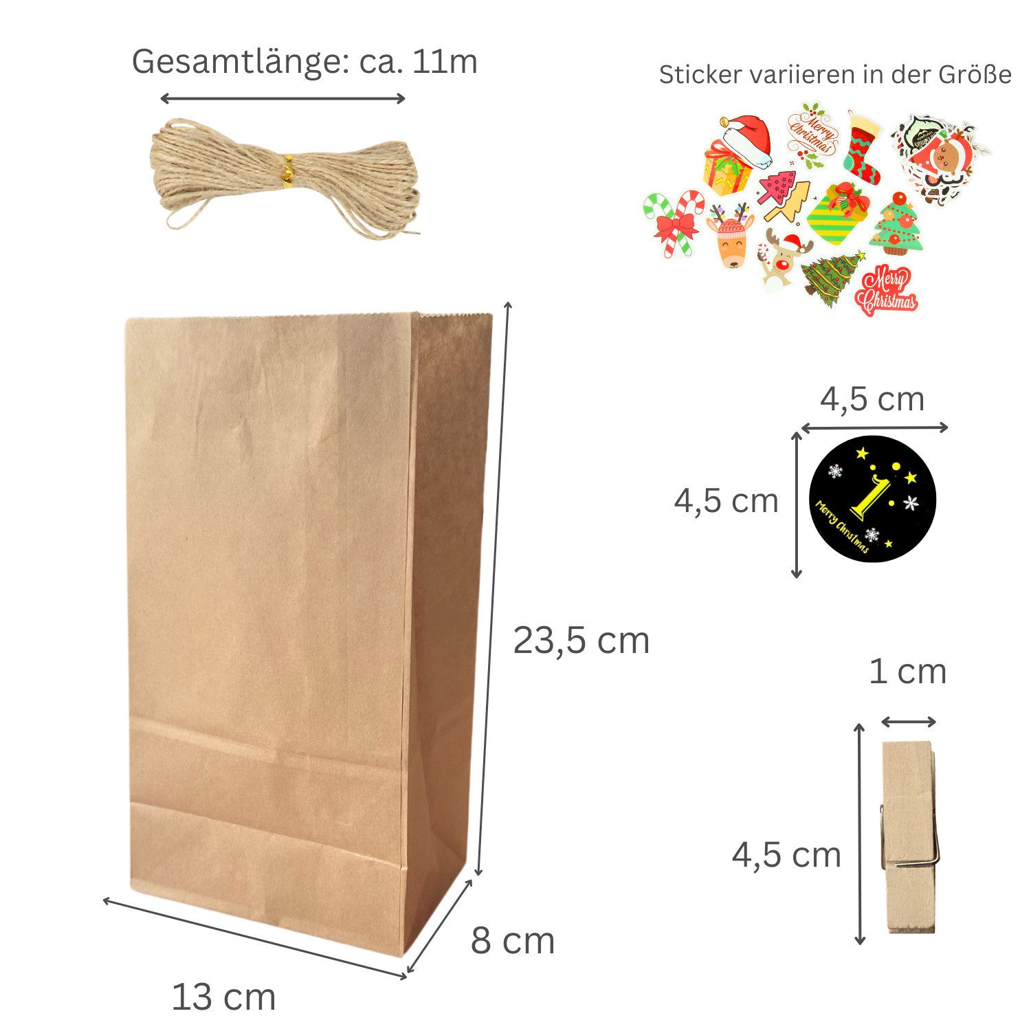Fomax DIY-Adventskalender zum Befüllen, Komplettes SET mit Papiertüten, Klammern und Stickern, Weihnachtskalender selber machen, wiederverwendbar