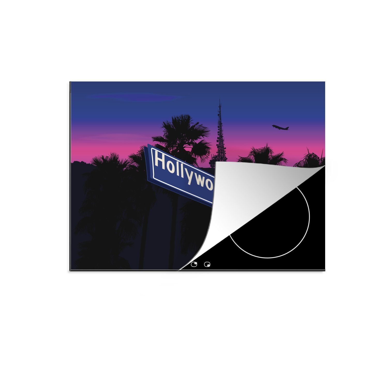 MuchoWow Herdblende-/Abdeckplatte Eine Illustration eines Straßennamens in Hollywood in der, Vinyl, (1 tlg), 70x52 cm, Mobile Arbeitsfläche nutzbar, Ceranfeldabdeckung