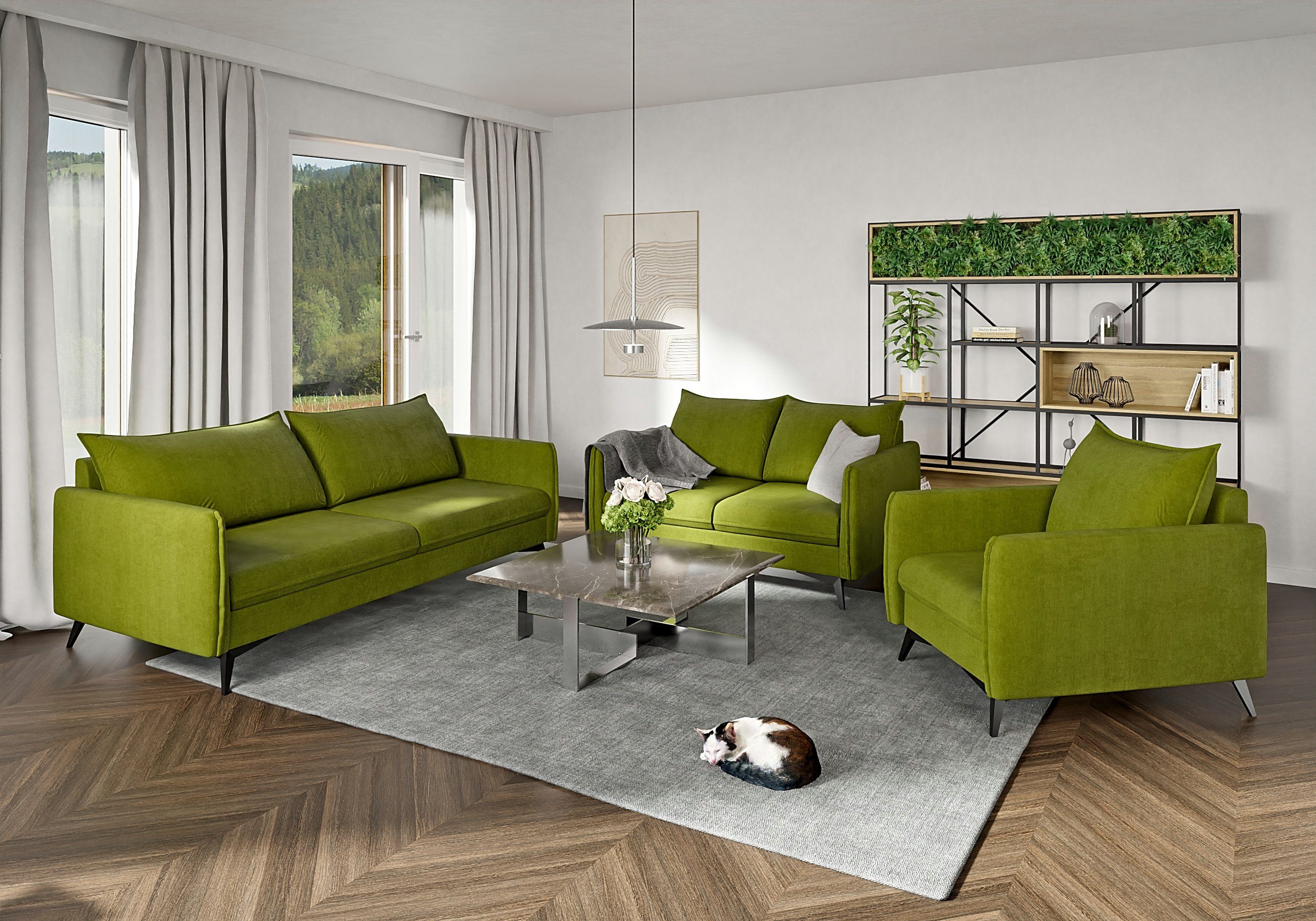 S-Style Möbel Polstergarnitur Modernes 3+2+1 Azalea mit Schwarz Metall Füßen, (1x 3-Sitzer-Sofa, 1x 2-Sitzer-Sofa, 1x Sessel), mit Wellenfederung Grün