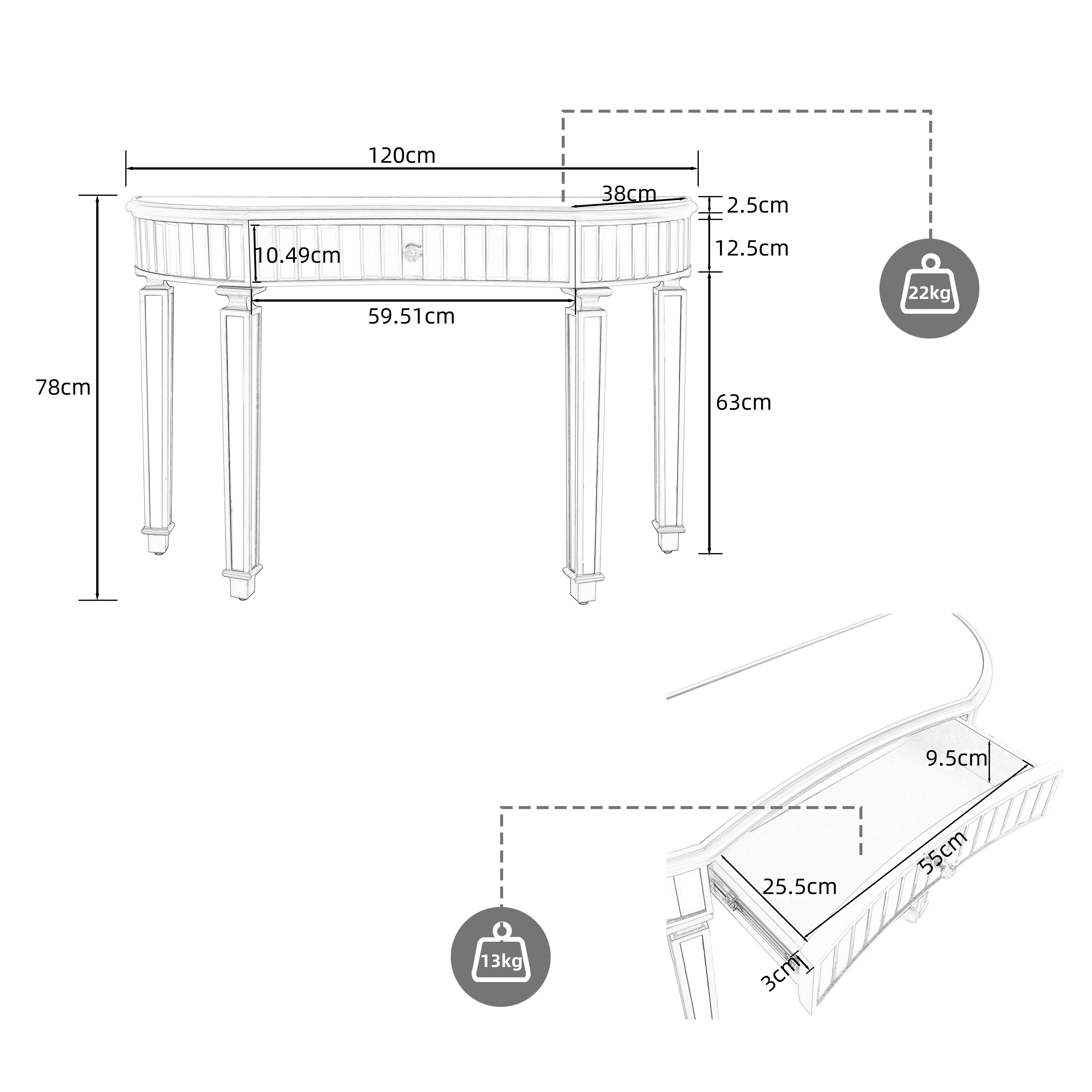 Celya Schminktisch 120 cm langer, halbmondförmiger Spiegelkonsolentisch (luxuriöser Sofatisch, Grau+Silber, moderner Schminktisch für Schlafzimmer, Ankleidezimmer, Wohnzimmer), mit geriffelter Glasplatte und Kristallknopfschublade