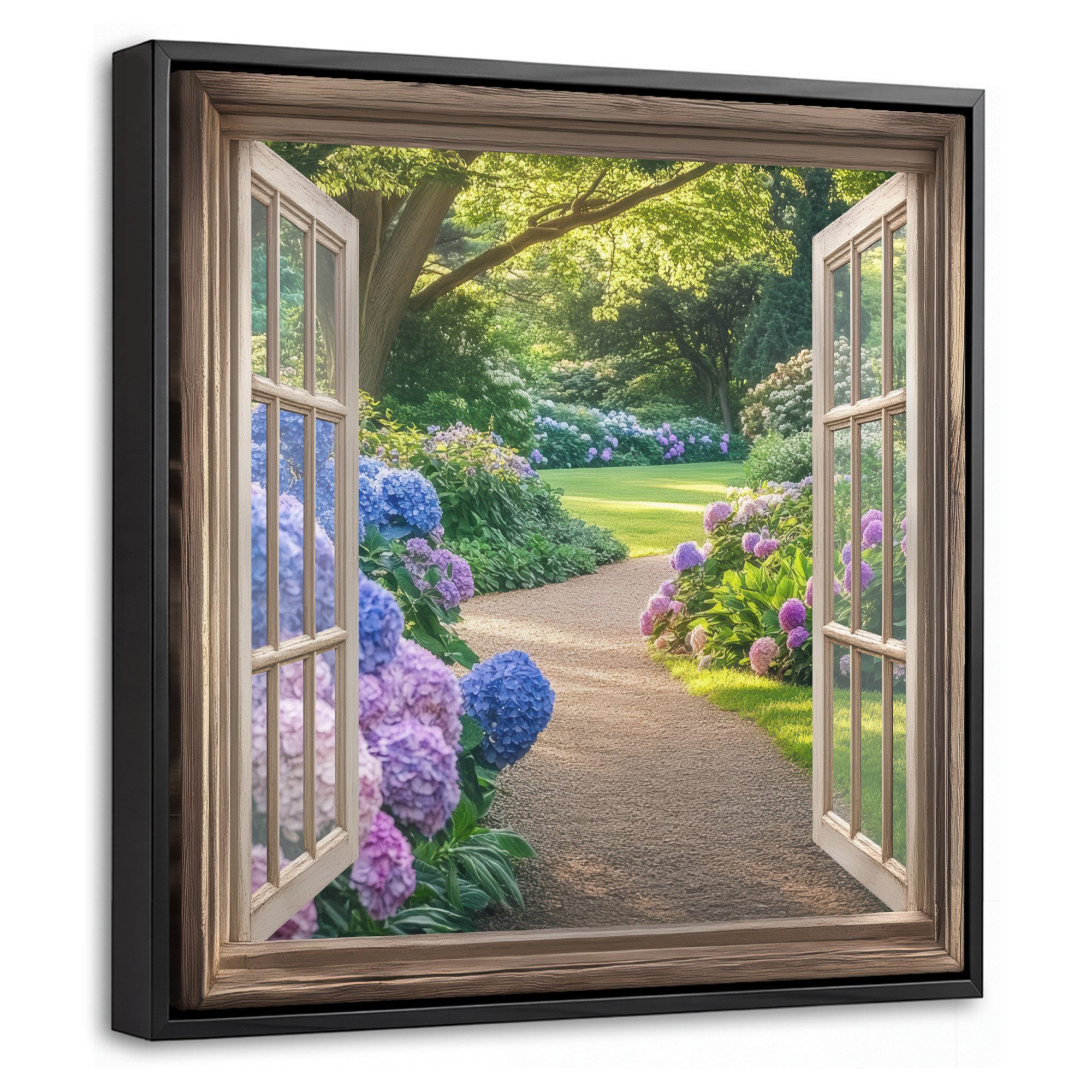 OneMillionCanvasses® Leinwandbild mit Rahmen - Aussicht - Garten - Fenster - Hortensie - Blumen, Fotodruck (1 St), Leinwand Bilder Klein, Wand Dekoration Aesthetic 20x20cm