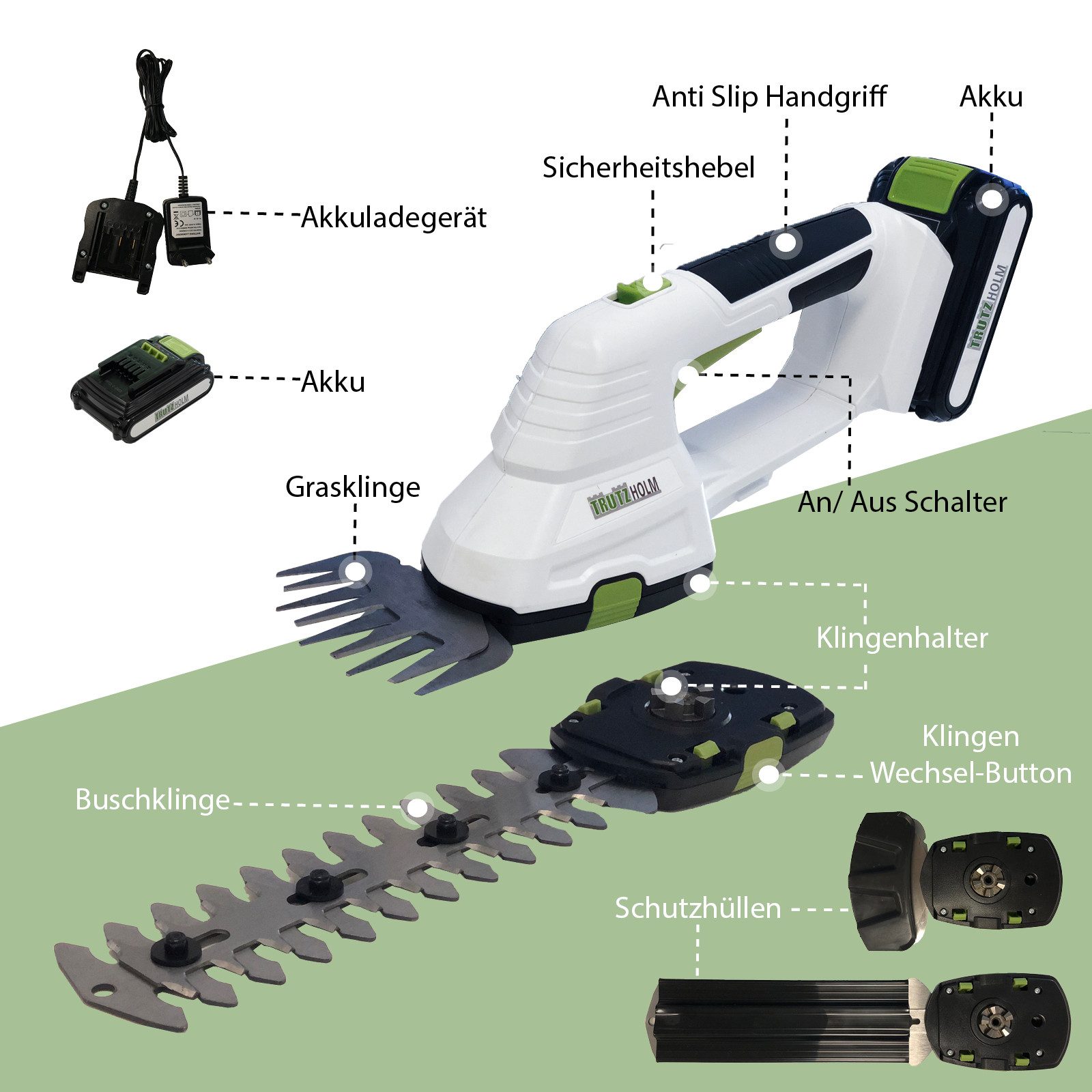 TRUTZHOLM Akku-Gras- und Strauchscherenset 20 V 2-in-1 inkl. 2.0Ah Akku 10 cm Gras- und 20 cm Strauchklinge, bis 10 m Arbeitshöhe, (Komplett-Set, 1 St), 2024