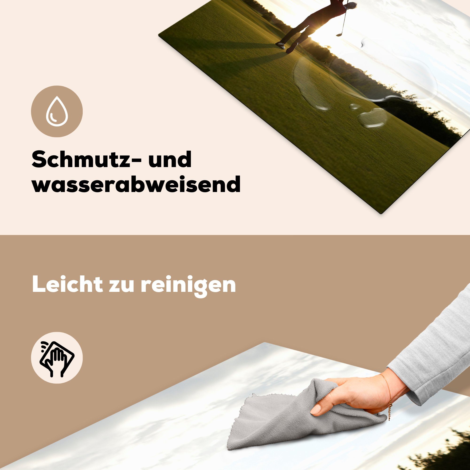 spielt für Schutz Ein einem Ceranfeldabdeckung mit 71x52 Vinyl, Golf MuchoWow tlg), die Sonnenuntergang, küche, Herdblende-/Abdeckplatte Induktionskochfeld Mann schönen (1 cm,