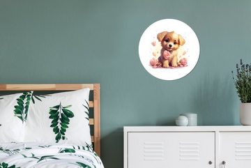 MuchoWow Wandsticker Hund - Blumen - Rosa - Mädchen - Kind (1 St), Tapetenkreis für Kinderzimmer, Tapetenaufkleber, Rund, Wohnzimmer