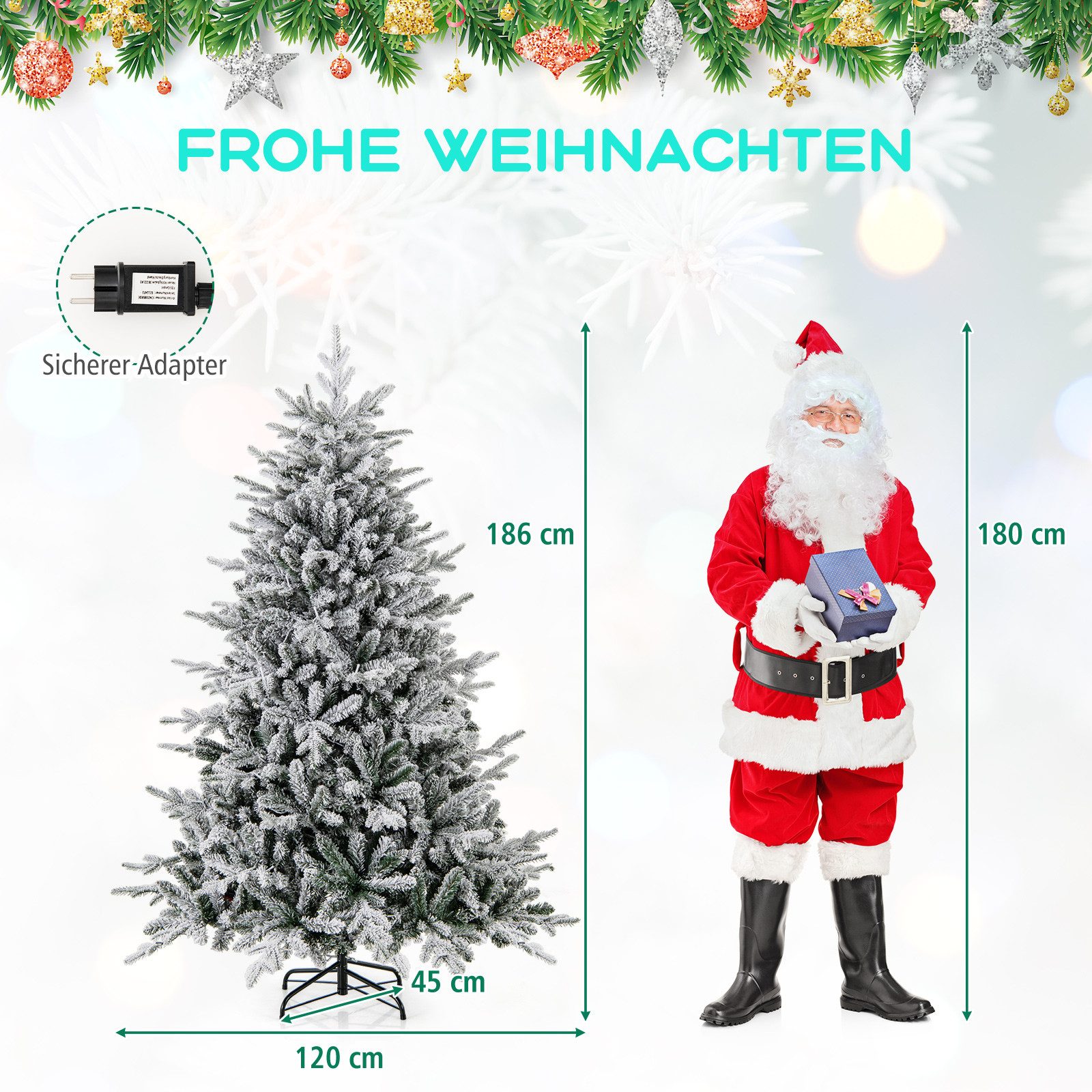 COSTWAY Künstlicher Weihnachtsbaum, 186cm mit 260 LEDs, 820 Spitzen & Ständer
