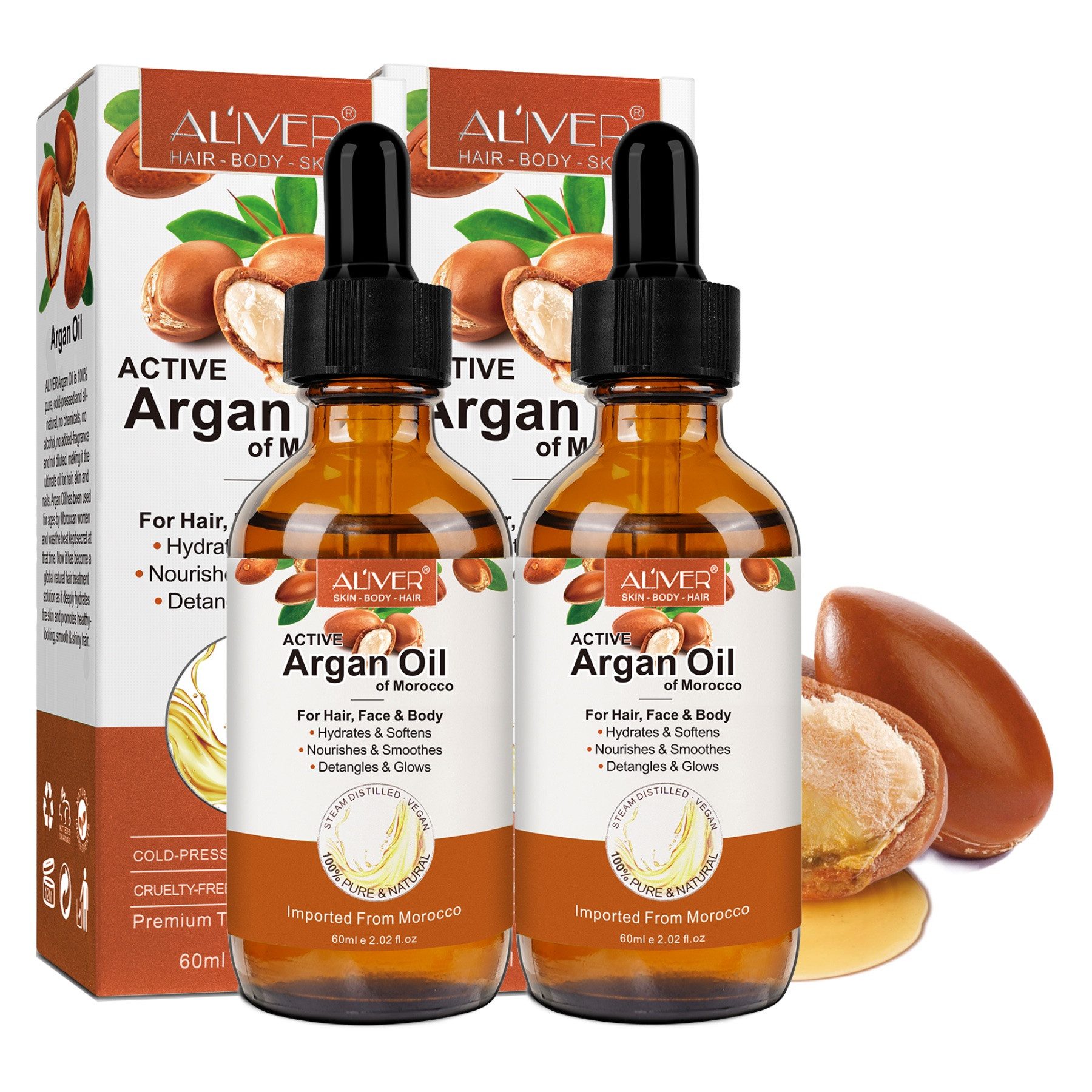 ALIVER Haaröl Arganöl Gesicht Haut Haar Nagel Bart Pflege Vegan, 2-tlg., Anti-Frizz, Entwirrend, Feuchtigkeitsspendend