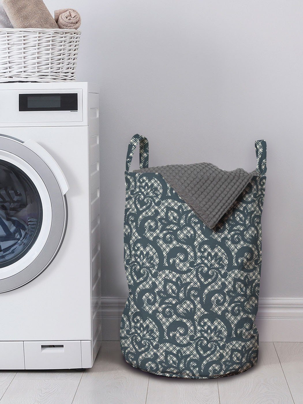 Wäschekorb Abakuhaus für Wäschesäckchen Griffen mit Waschsalons, Kordelzugverschluss Teal Spitze-Art-Blumen-Entwurf
