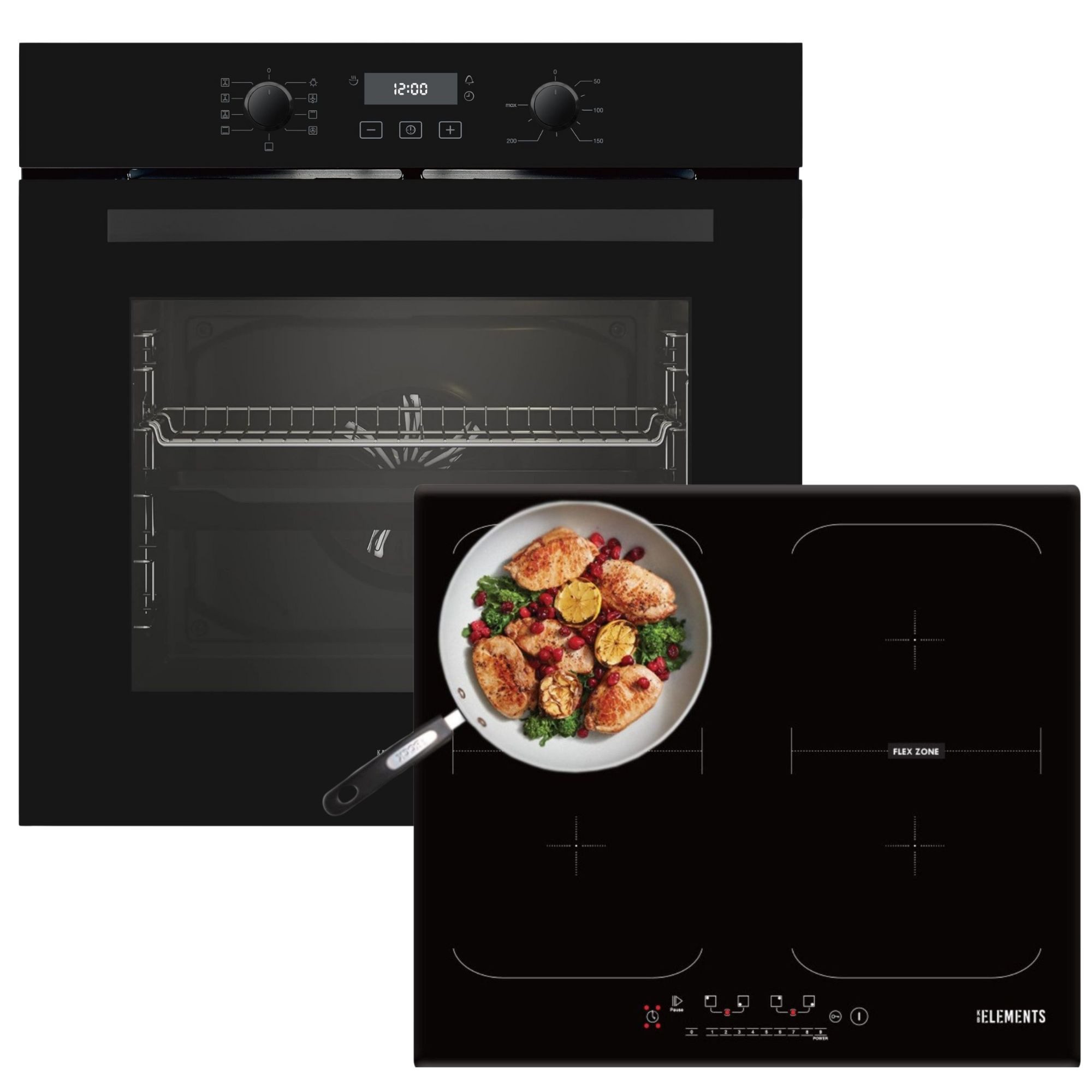 KB Elements Induktions Herd-Set KBE Einbaubackofen 60 cm mit 4-Zonen Induktionskochfeld 60cm, Aqua Clean, Circle Fan Heater, 2 x Flexzonen