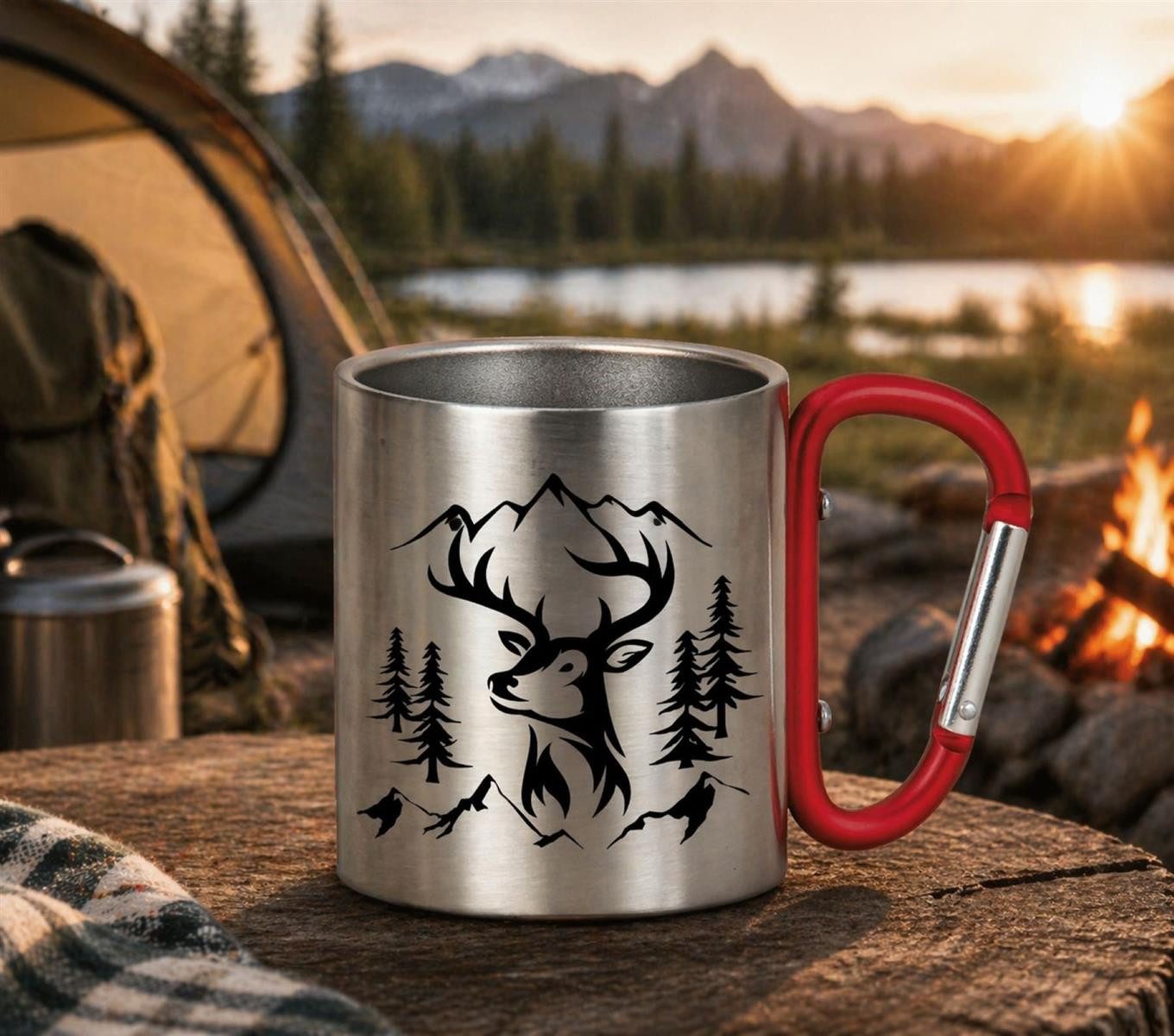 Geschenkestadl Becher 2 Metallbecher mit Karabiner, Camping, Wanderbecher mehrere Designs, Karabinerhaken Karabinergriff