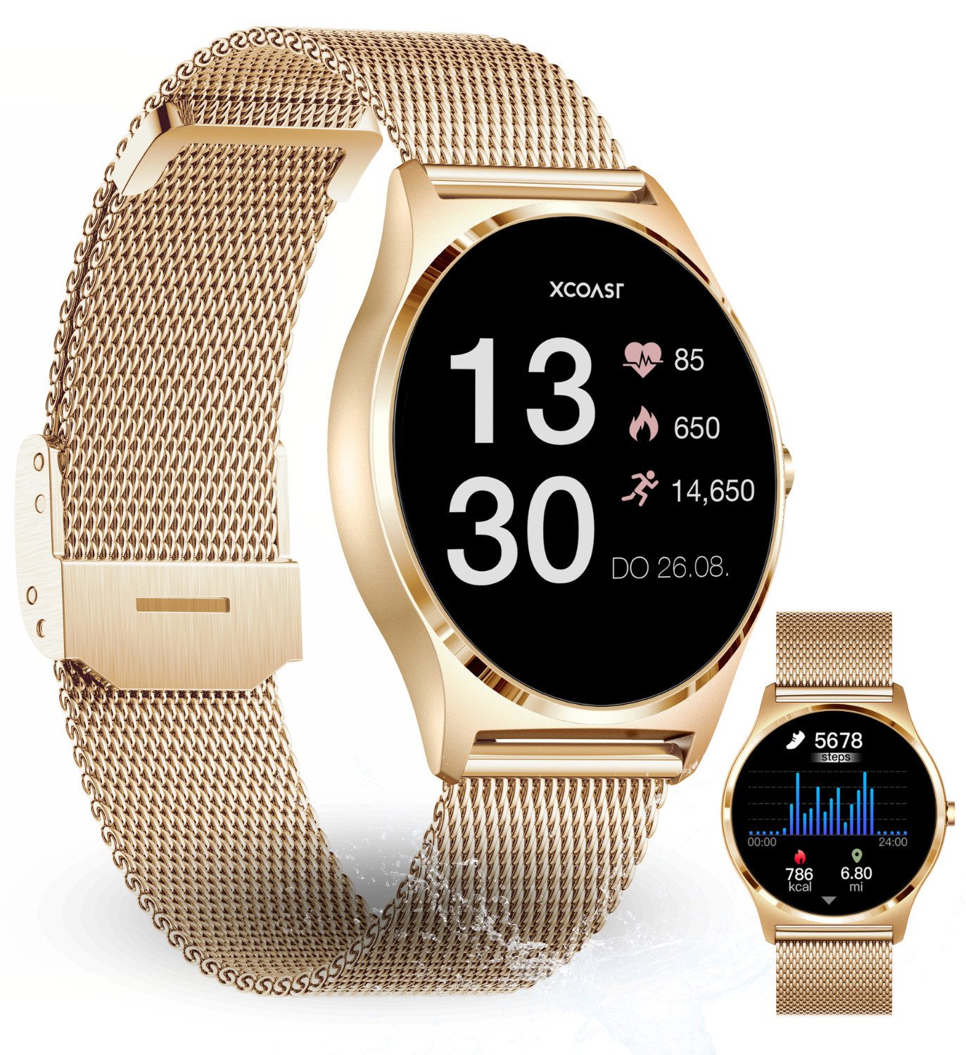 XCOAST JOLI Damen Smartwatch (3,9 cm/1,3 Zoll, iOS und Android) Fitnesstracker und Frauensportuhr, neueste Generation, 1-tlg., milanaise Edelstahlarmband mit Schnellwechselfunktion, Citrin Gold, IP67, Herzfrequenzmessung, Blutdruck, Blutsauerstoff, Schlaf