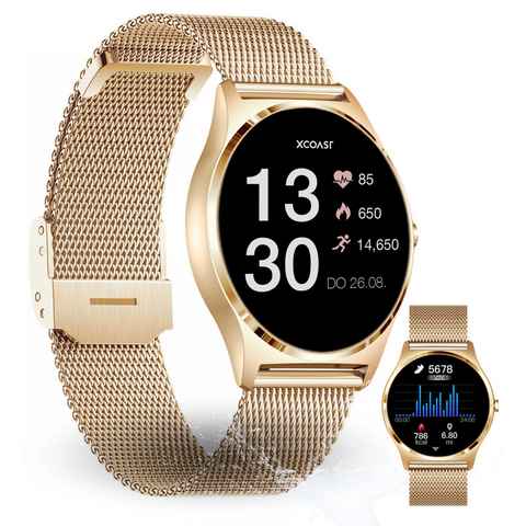 XCOAST JOLI Damen Smartwatch (3,9 cm/1,3 Zoll, iOS und Android) Fitnesstracker und Frauensportuhr, neueste Generation, 1-tlg., milanaise Edelstahlarmband mit Schnellwechselfunktion, Citrin Gold, IP67, Herzfrequenzmessung, Blutdruck, Blutsauerstoff, Schlaf