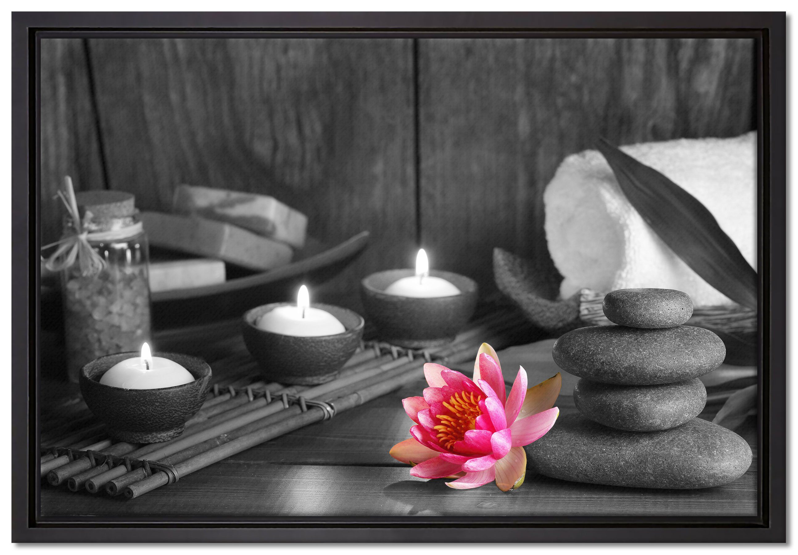 Pixxprint Leinwandbild Kerzen Seerose Zen Steine, Wanddekoration (1 St), Leinwandbild fertig bespannt, in einem Schattenfugen-Bilderrahmen gefasst, inkl. Zackenaufhänger
