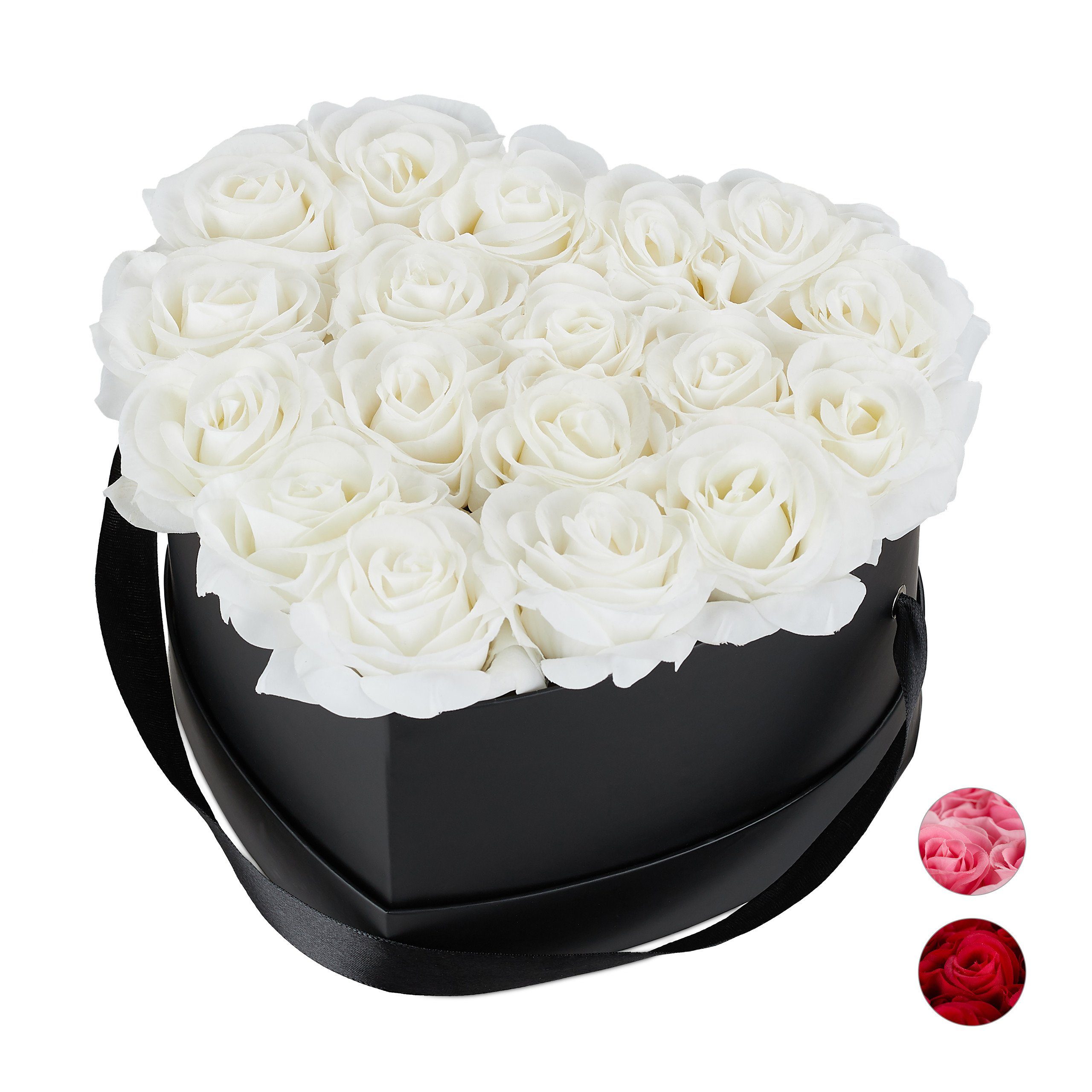 Gestecke Schwarze Rosenbox Herz 18 Rosen, relaxdays, Höhe 13 cm, Weiß Weiß Schwarz