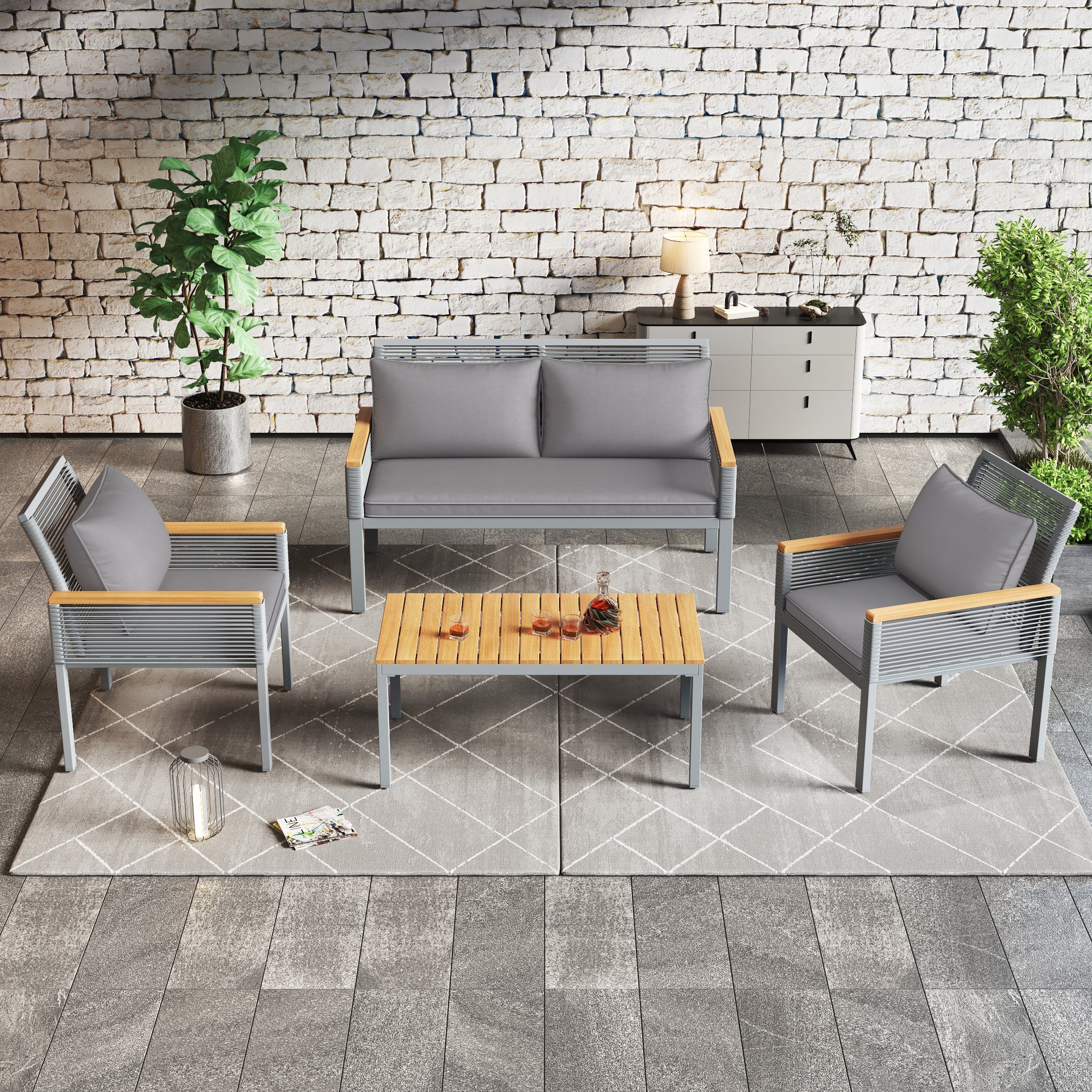 Merax Gartenlounge-Set, (4-tlg), Rope Gartenmöbel Akazienholz, günstig online kaufen