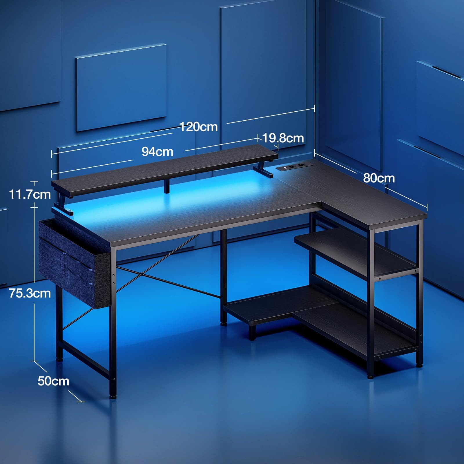 ODK Gamingtisch L Form mit LED-Beleuchtung und integrierter Steckdose (1-St), 120cm Schwarz Eckschreibtisch mit Monitorständer und Stauraum