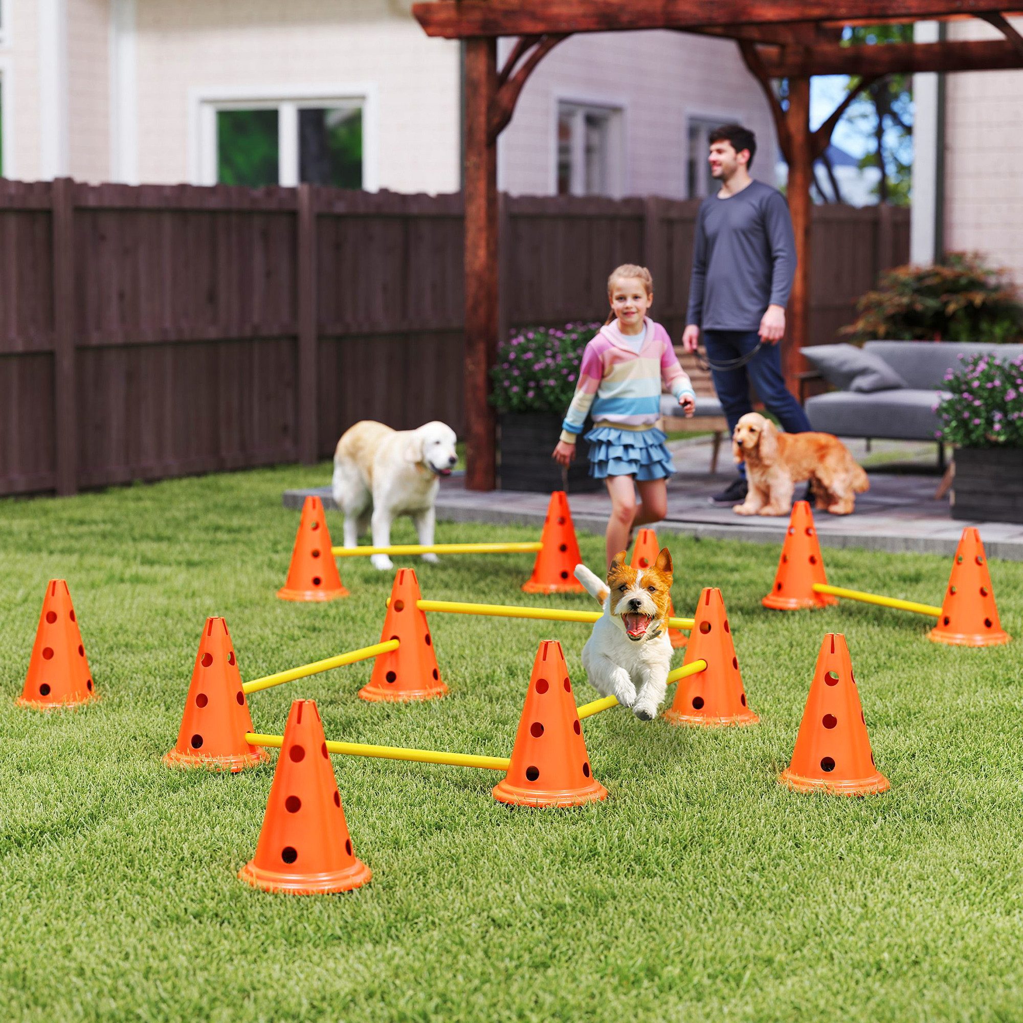PawHut Agility-Hürde Agility Ausrüstung mit 12 Kegel, 6 höhenverstellbar Hürden, Kunststoff, Hunde-Agility-Set (6-tlg) Trainingszubehör Koordinationstraining für Spiele, Training