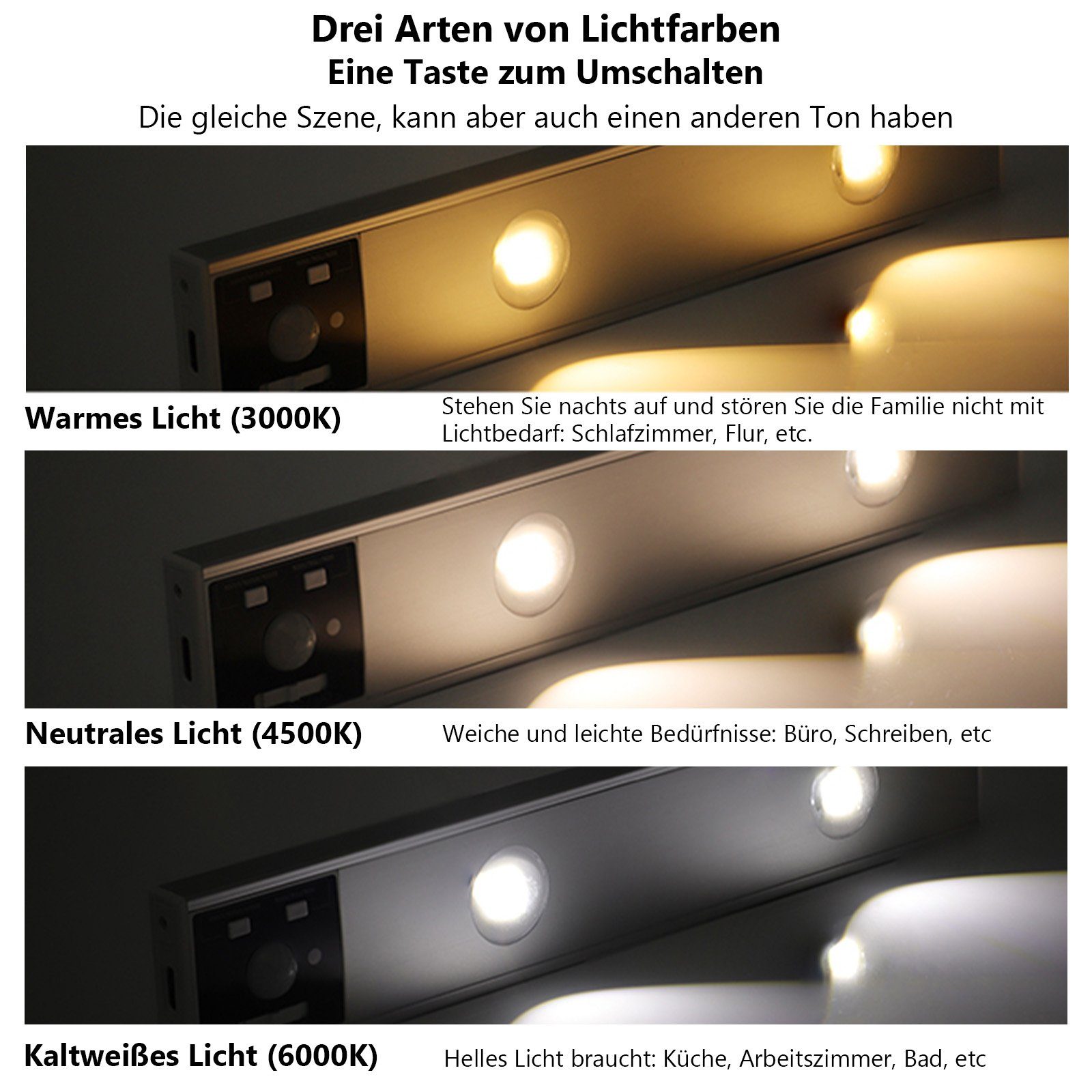 MUPOO LED Küche, Licht, LED USB mit Bewegungsmelder,Unterbauleuchte Unterbauleuchte 3 Sensor Farben Aufladbar Dimmbar, Schrankbeleuchtung
