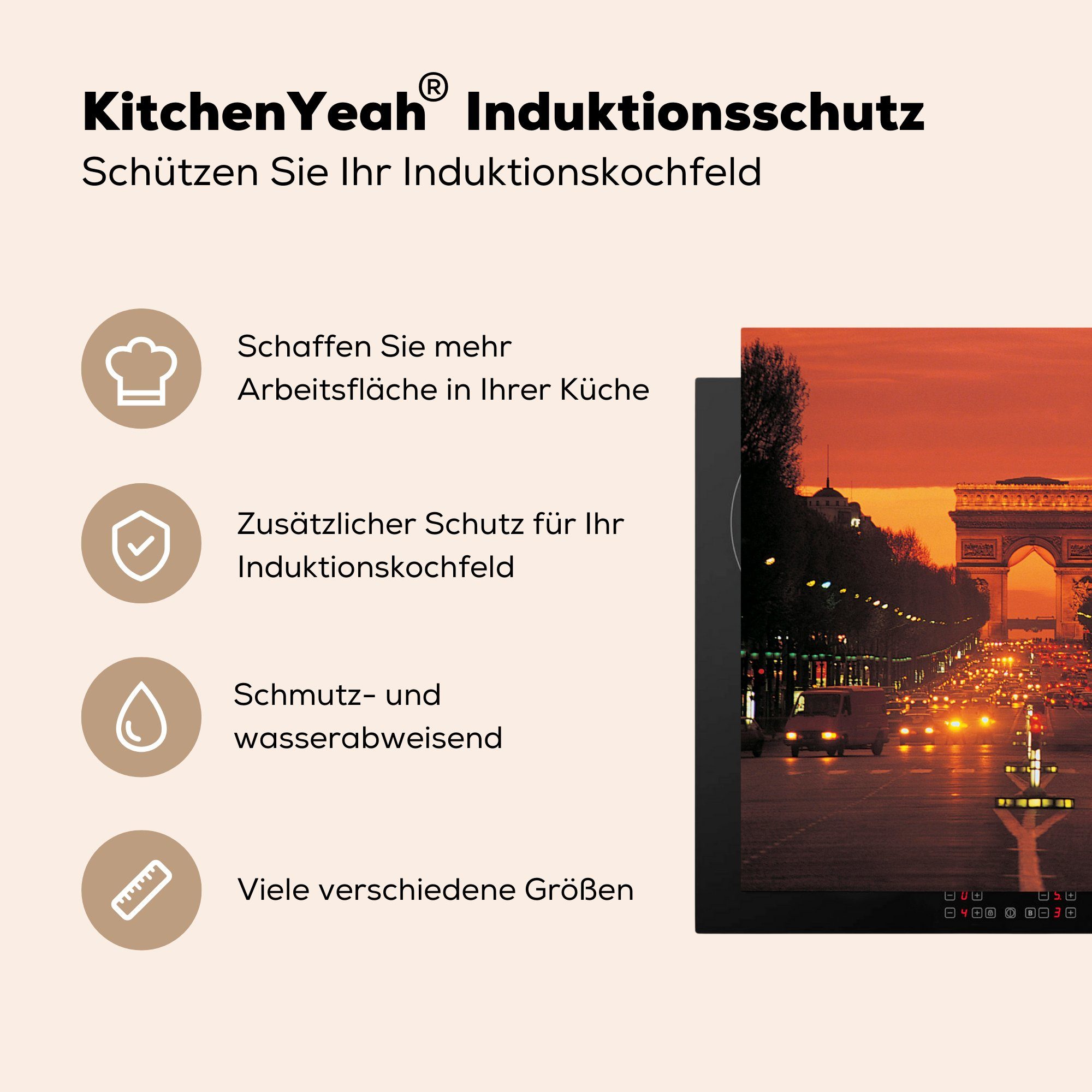 Vinyl, Pariser für Triumphbogen, MuchoWow cm, Herdblende-/Abdeckplatte am Sonnenuntergang tlg), 78x78 Arbeitsplatte küche (1 Ceranfeldabdeckung,
