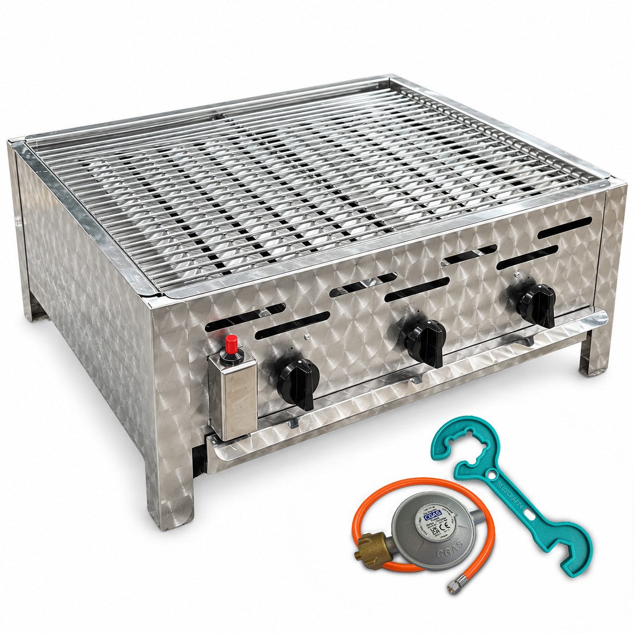 BlueCraft Gasgrill 3 flammig Brenner Edelstahl Gastrobräter Profi Gastrogasgrill mit Rost, mit Gas Schlauch und Druckminderer Tischgrill robust Made in Germany