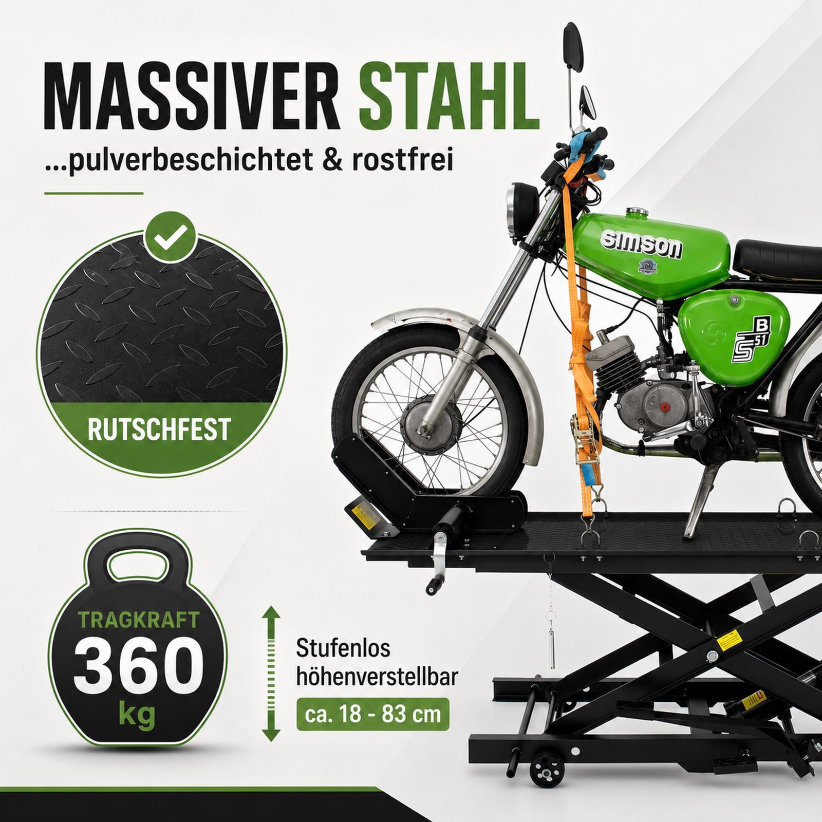 TRUTZHOLM Hydraulikheber Motorradhebebühne hydraulisch 360 kg Breite 50cm Motorradheber, Platzsparende Hebebühne, abnehmbare Auffahrrampe
