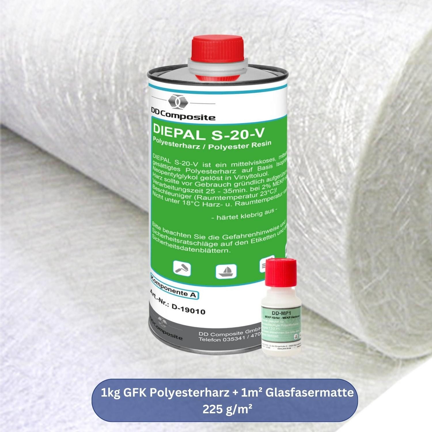 Thumbnail - DD Composite Reparatur-Set 1kg GFK Polyesterharz + 1m² Glasfasermatte 225g/m²