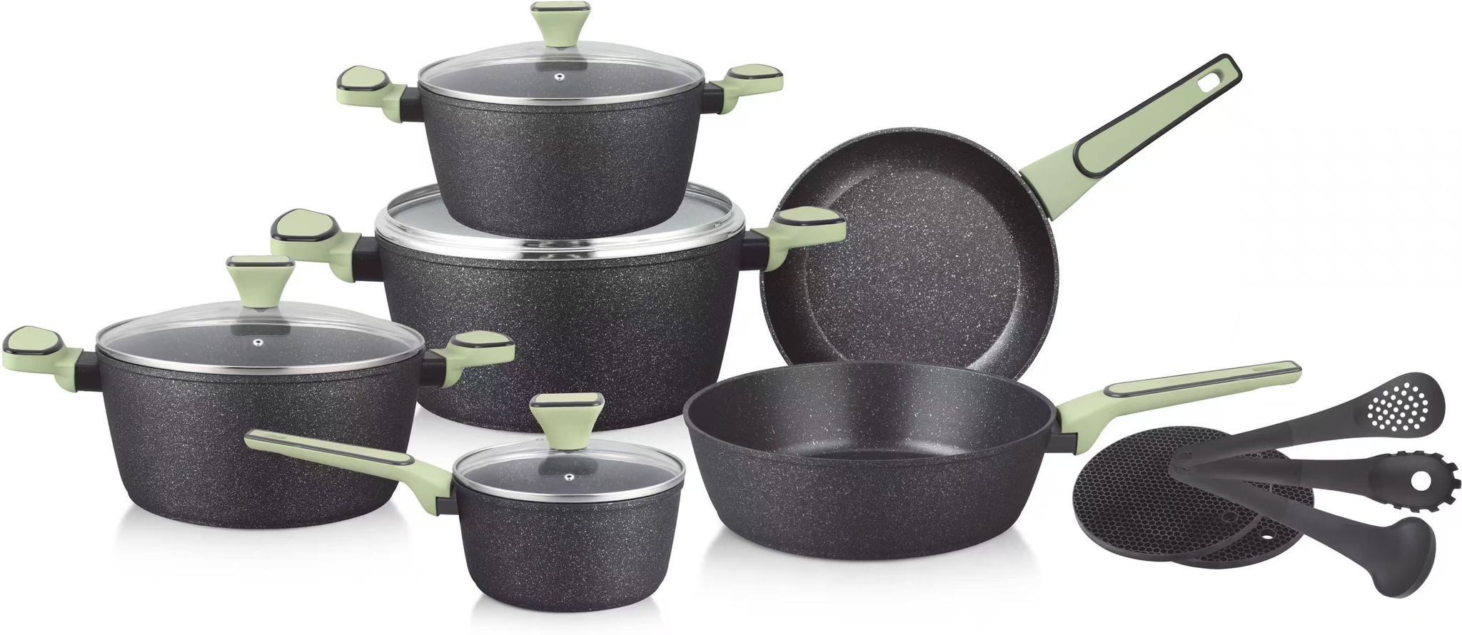 Zilner Topf-Set 15 tlg Schwarz-Grünes Topfset mit edler Keramik-Marmor-Beschichtung, Aluminium (Wählen Sie dieses hochwertige Kochgeschirr-Set und genießen Sie langlebige Qualität, modernes Design und höchsten Kochkomfort, zugleich ist es eine stilvolle und praktische Geschenkidee, die garantiert Freude bereitet., 15-tlg., Passt in jede Küche)