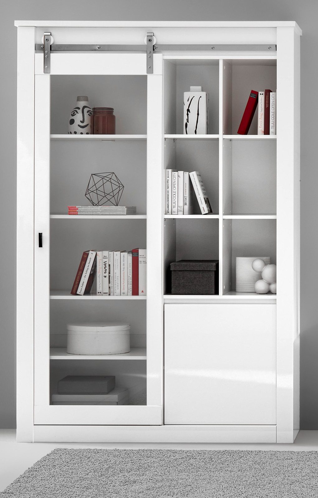 Furn.Design Vitrine Miami (Vitrinenschrank Weiß Hochglanz mit Chrom, 133 x 201 cm) mit Soft-Close und Schiebetür