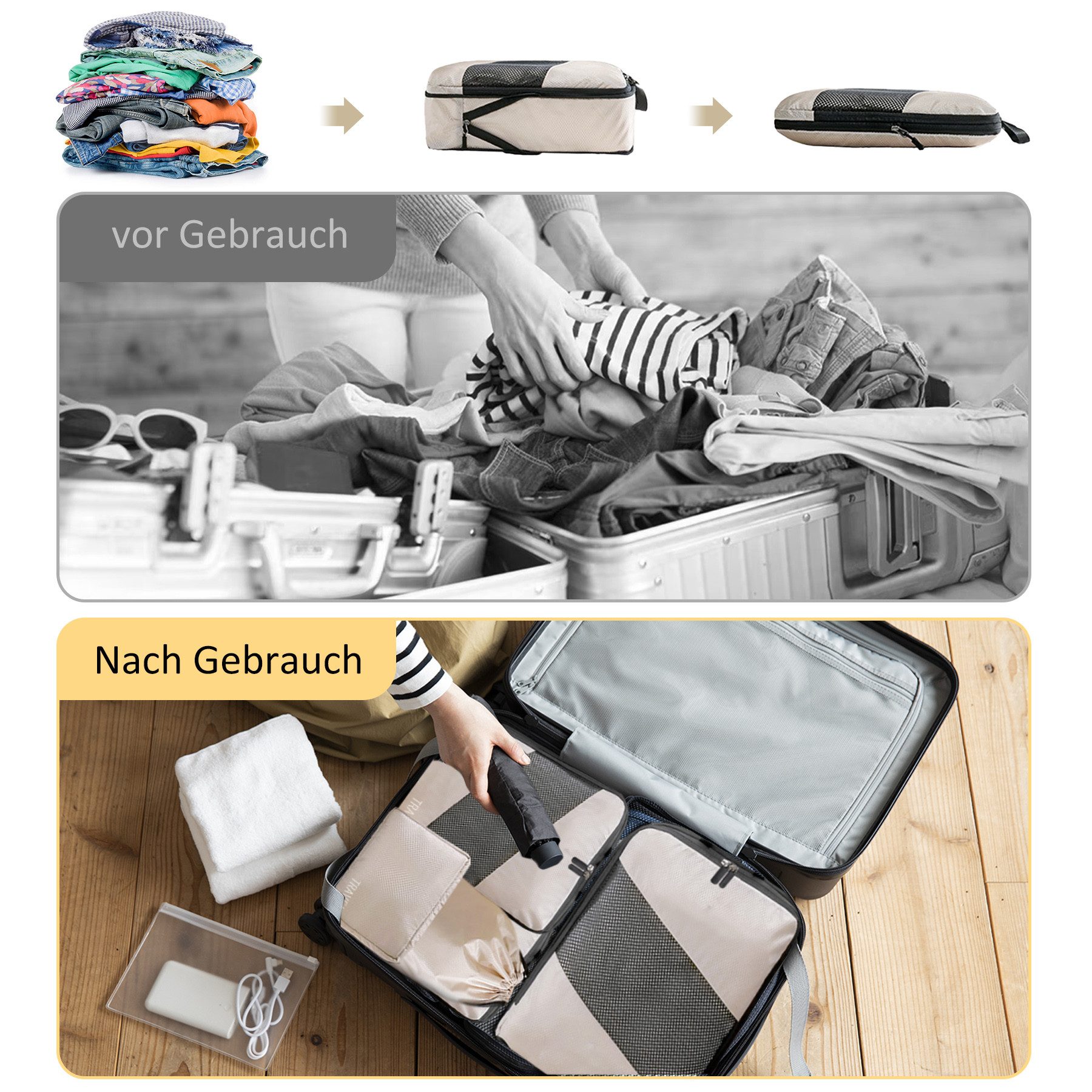CALIYO Kofferorganizer Compression Packing Cubes Set für mehr Platz im Koffer & Backpack (6-tlg), Packtaschen mit Kompression für Rucksack & Koffer