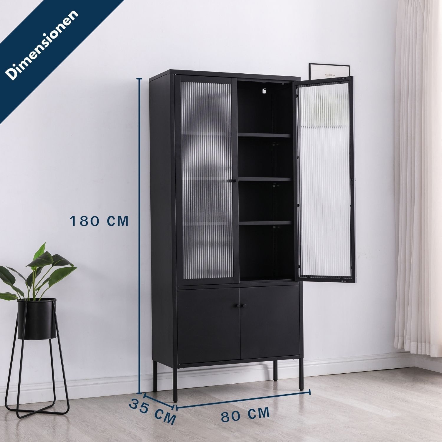Coemo Standvitrine TOKIO Schwarz Vitrinenschrank Glastüren Metalltüren Vitrine modern H: 180 cm – Bild 4 von 5